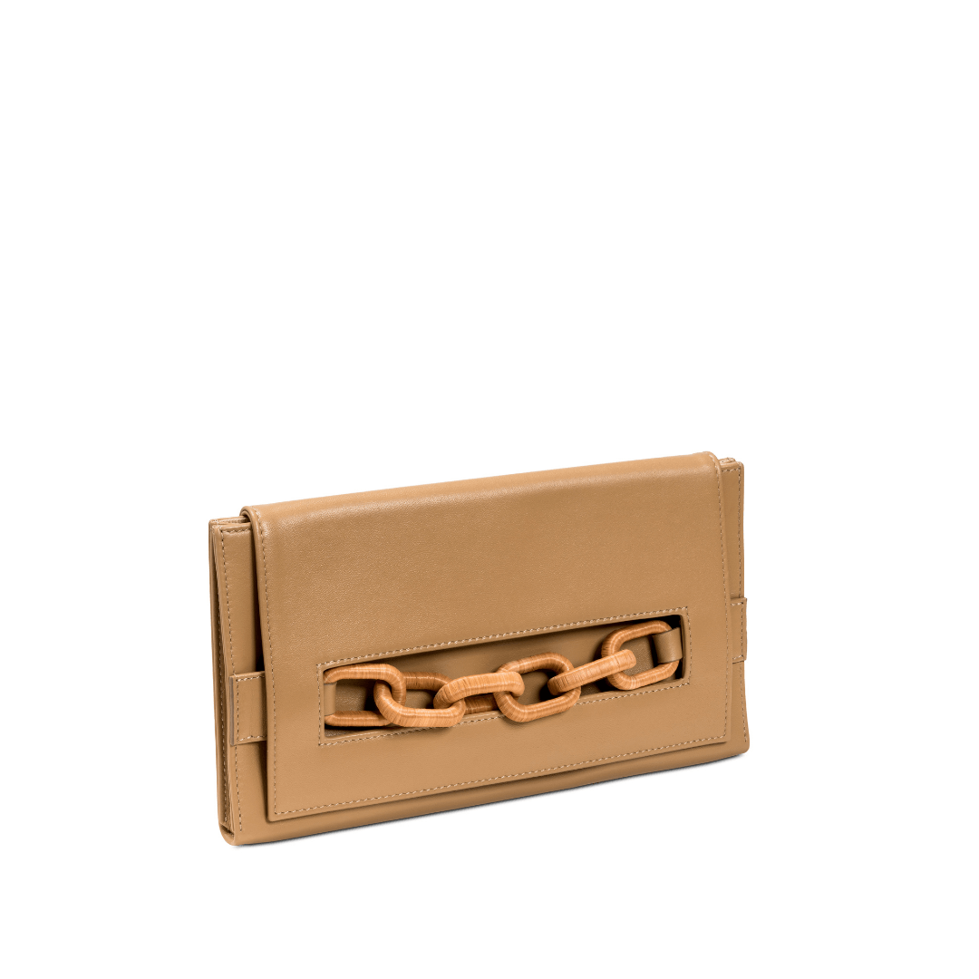 Catena Latte Envelope Clutch in Italian leather with raffia threaded chain embroidery, perfect for night outings.