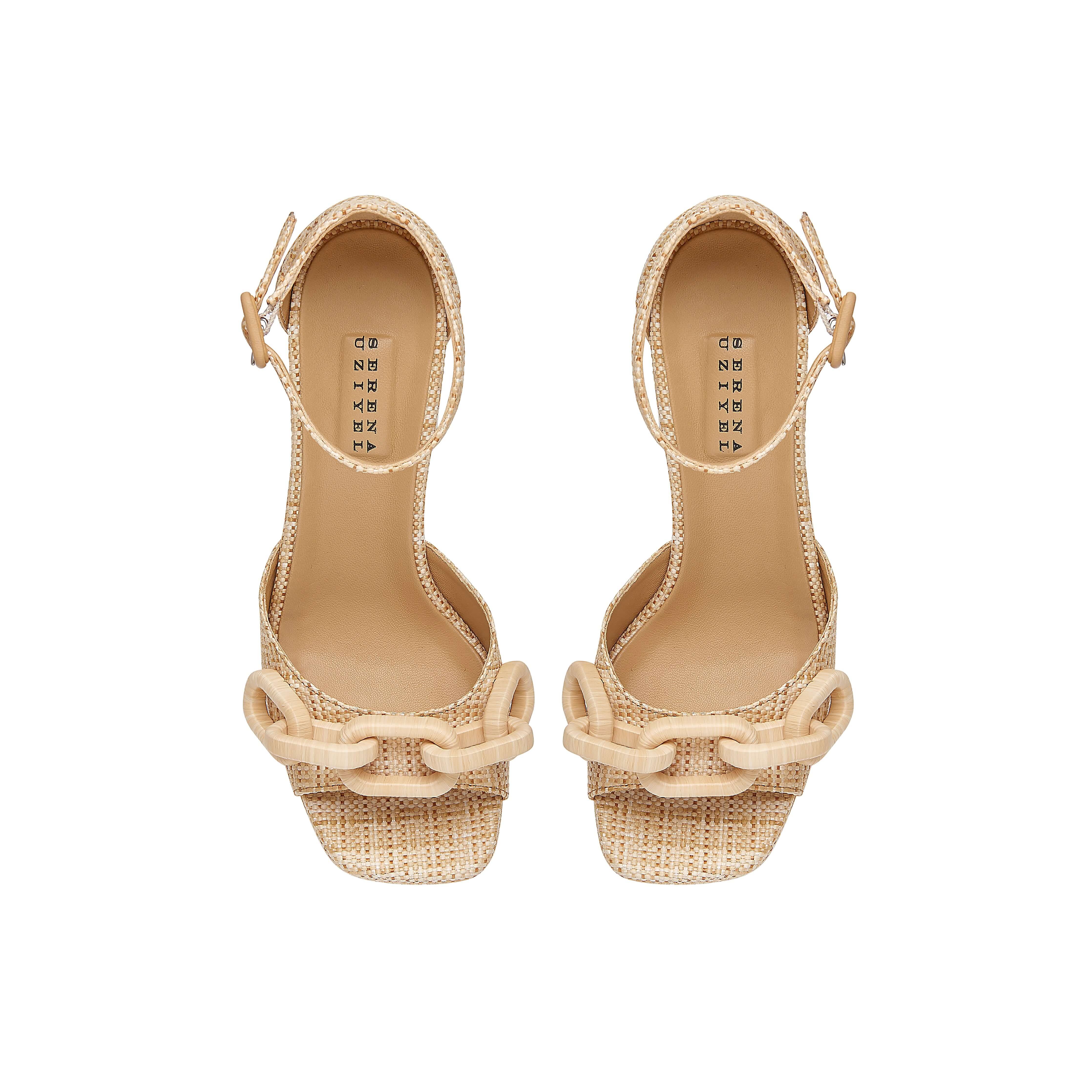 Top view of Catena Legno Platform Ankle Sandal in natural raffia with chunky platform and wrapped chain embellishments.