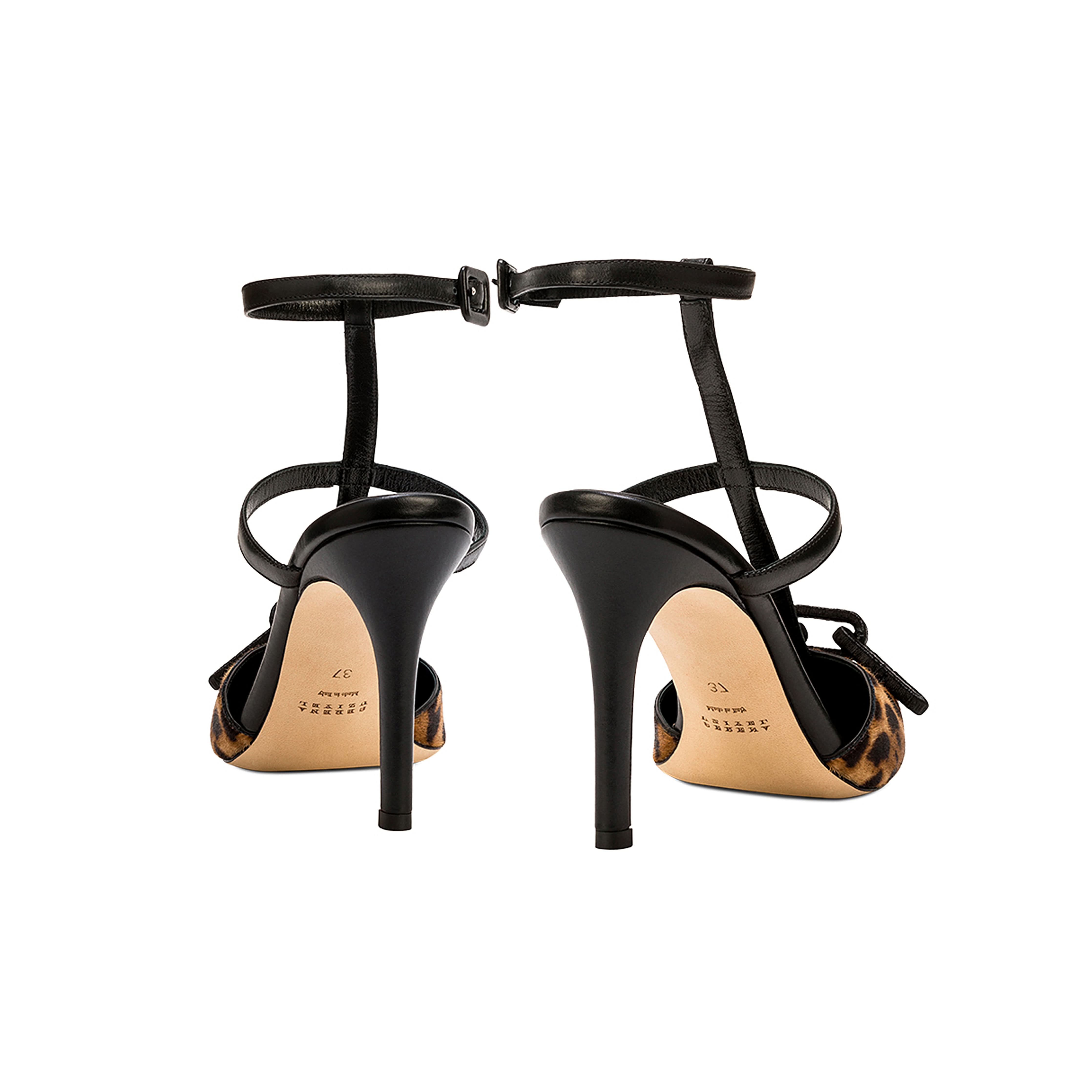 Catena Leopard high-heel ankle strap mule pump, featuring a sleek design with haircalf and leather materials.