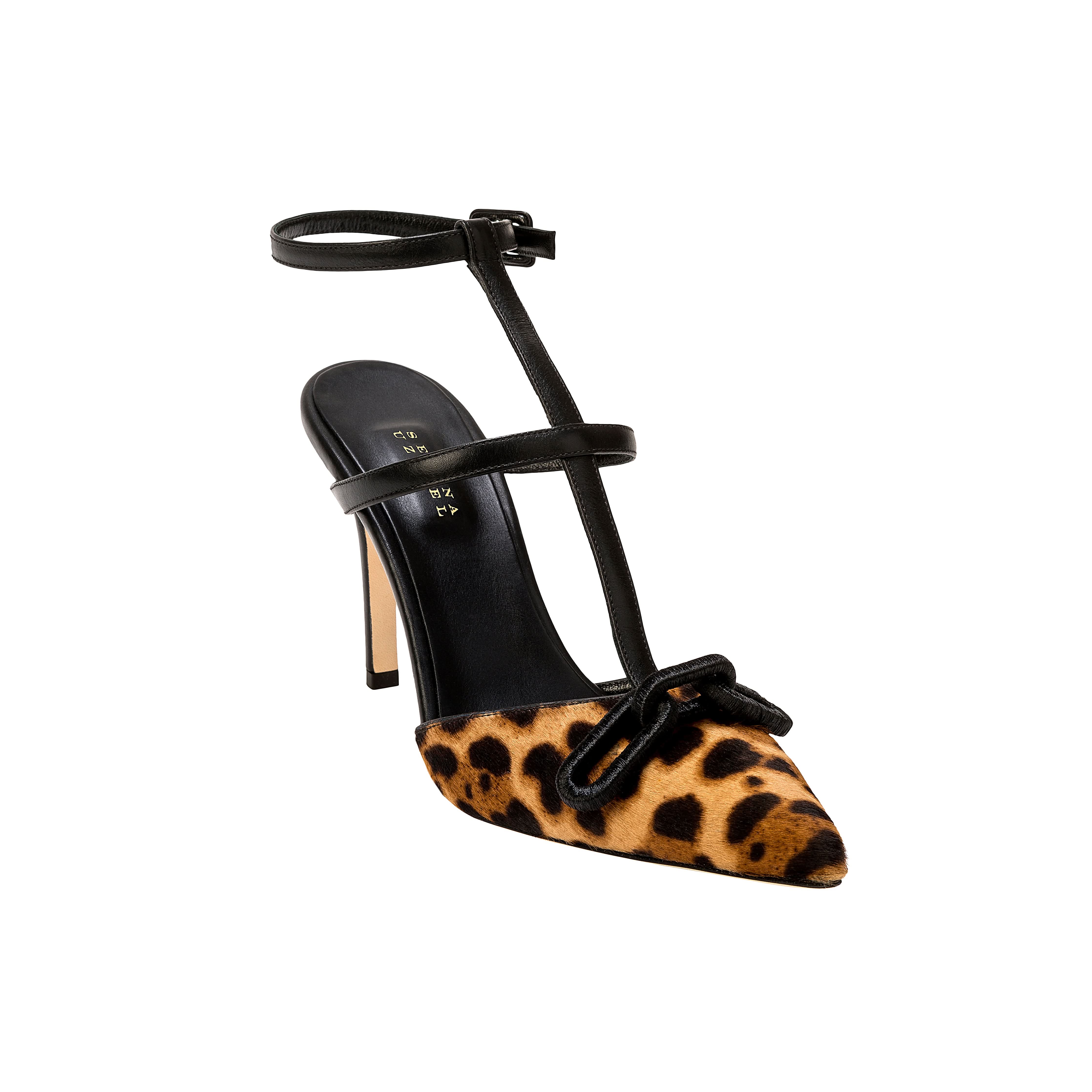 Catena Leopard high-heel ankle strap mule pump featuring haircalf material and leather insole, made in Italy.