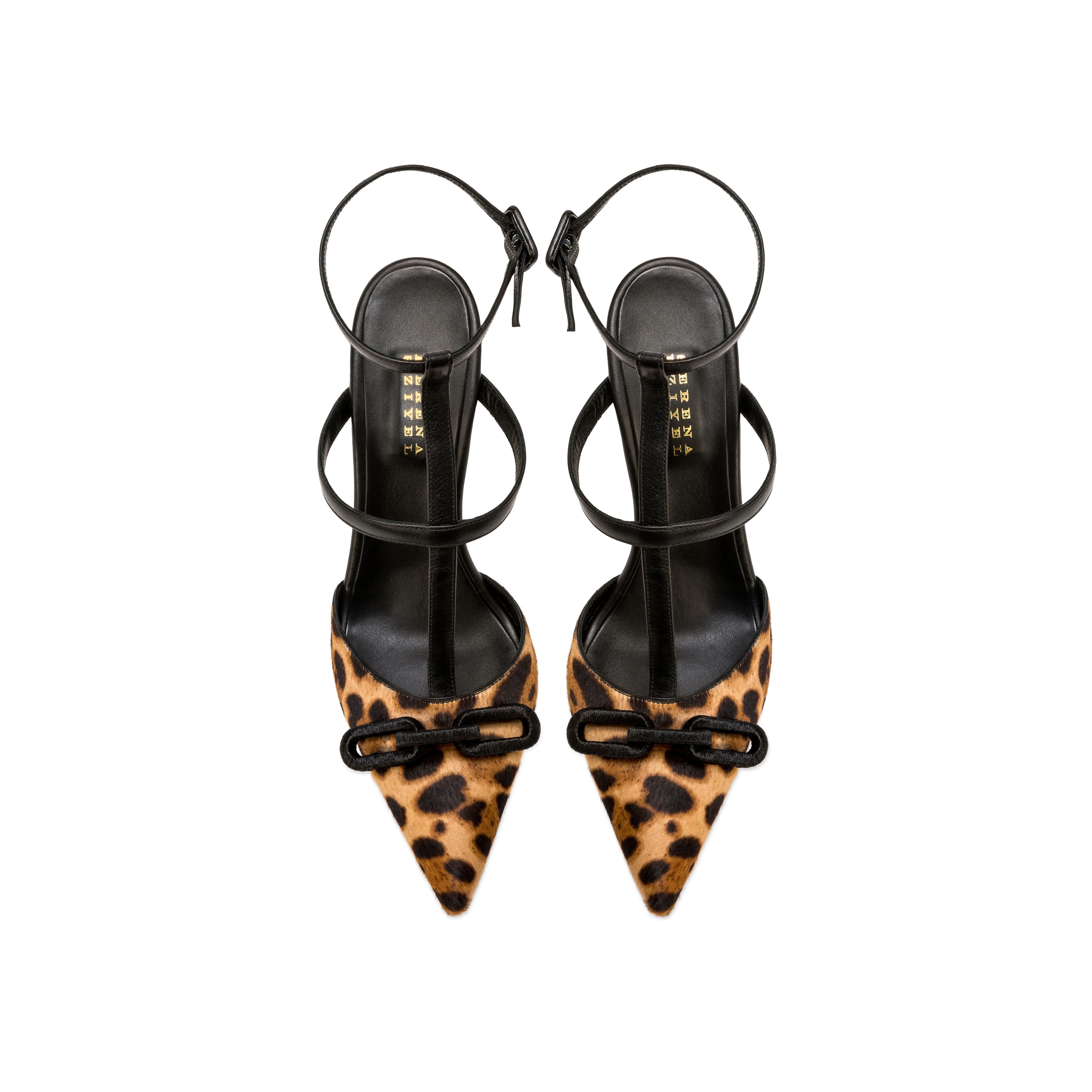 Catena Leopard High-Heel Ankle Strap Mule Pump in leopard haircalf with black straps, 90mm heel, stylish Italian design.
