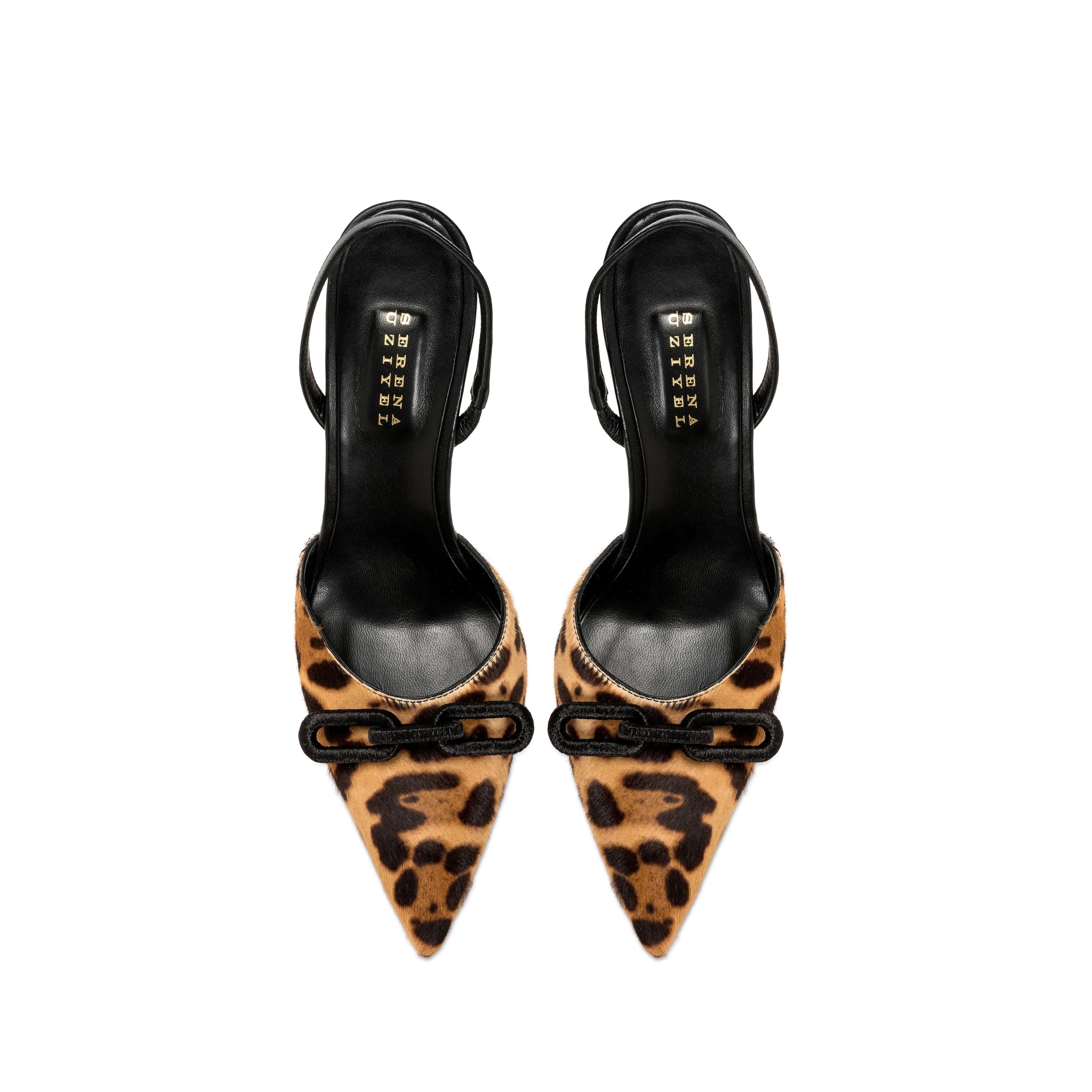 Catena Leopard High-Heel Slingback Pump with pointed toe, elegant chain detail, and black leather strap.