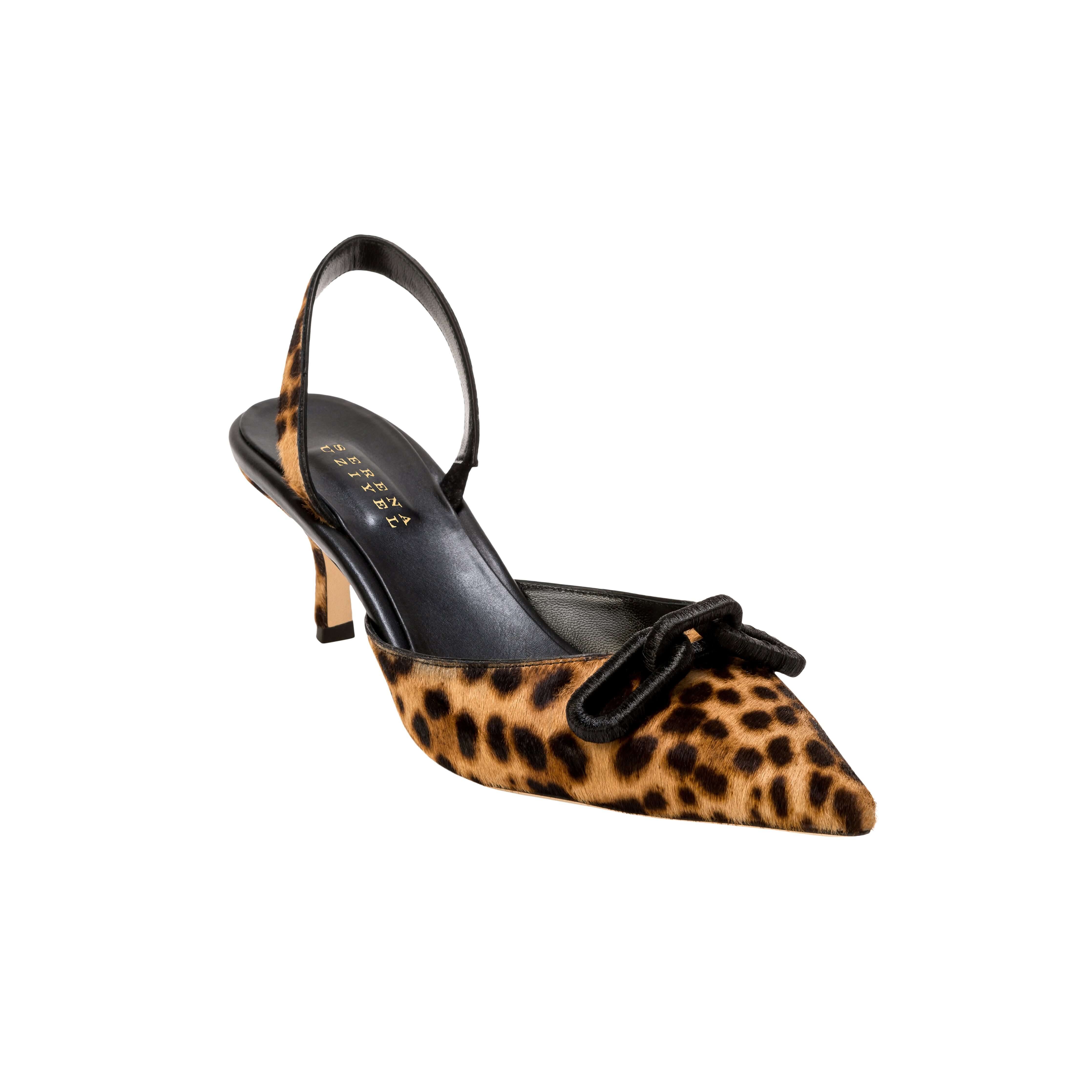 Catena Leopard Mid-Heel Slingback Pump with pointed toe and black leather strap, featuring chic leopard print calf-hair.
