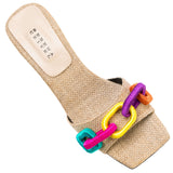 Catena Natural & Rainbow Sandal featuring vibrant chain design and straw texture, perfect for stylish summer looks.