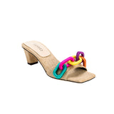 Catena Natural & Rainbow Sandal featuring colorful chain accents and a stylish mid-heel design, perfect for summer.
