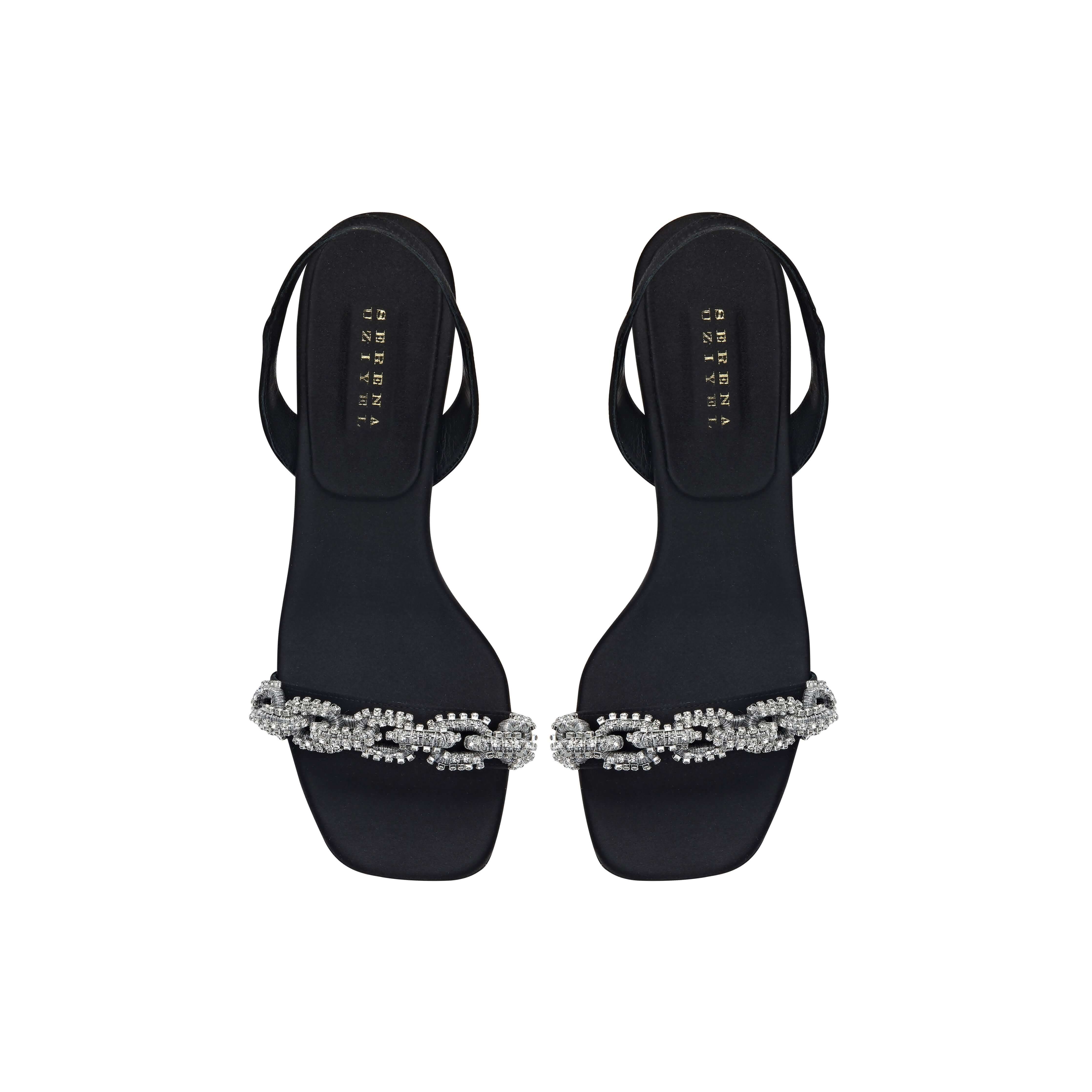 Catena Notte Black & Glam High-Heel Slingback Sandals featuring jewel-like chain link embroidery on a sleek design.