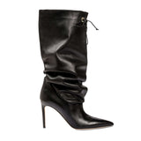 Catena Notte Black High-Heel Knee Boot in supple leather with slouchy ruched design and pointed toe, perfect for chic cold-weather fashion.