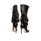 Back view of Catena Notte Black High-Heel Knee Boot showcasing supple leather and slouchy ruched profile.