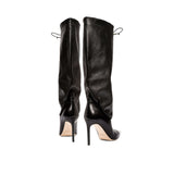 Catena Notte black high-heel knee boot with slouchy ruched design and slender 70mm heel, showcasing Italian craftsmanship.