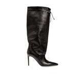 Catena Notte Black High-Heel Knee Boot with slouchy profile and pointed toe, crafted from supple leather in Italy.