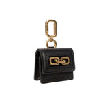 Stylish black leather AirPods case with gold chain design and clip, perfect for secure storage.