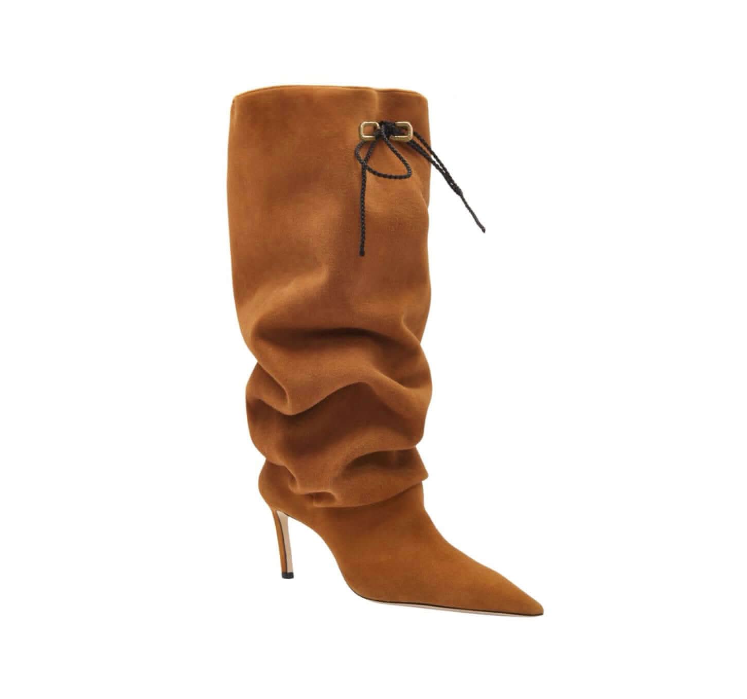 Catena Notte Camello high-heel knee boot in soft camel suede with slouchy ruched design and pointed toe.