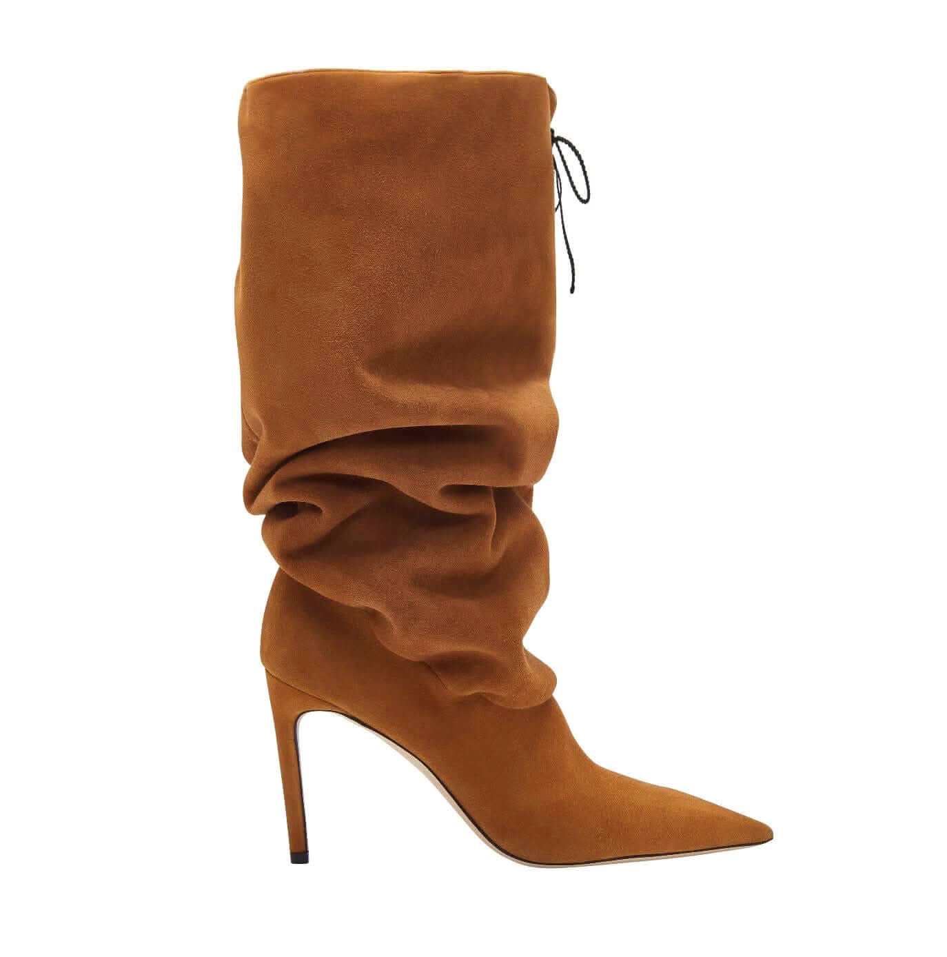 Catena Notte high-heel knee boot in camel suede, featuring a slouchy design and pointed toe, ideal for cold weather fashion.