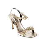 Catena Notte Sahara high-heel sandal featuring a gleaming glacé finish and handwoven ankle strap for style and support.