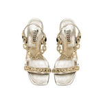 Catena Notte Sahara high-heel sandals with handwoven ankle strap and gleaming glacé finish, 90mm heel height.