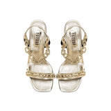 Catena Notte Sahara high-heel sandals with handwoven ankle strap and gleaming glacé finish, 90mm heel height.