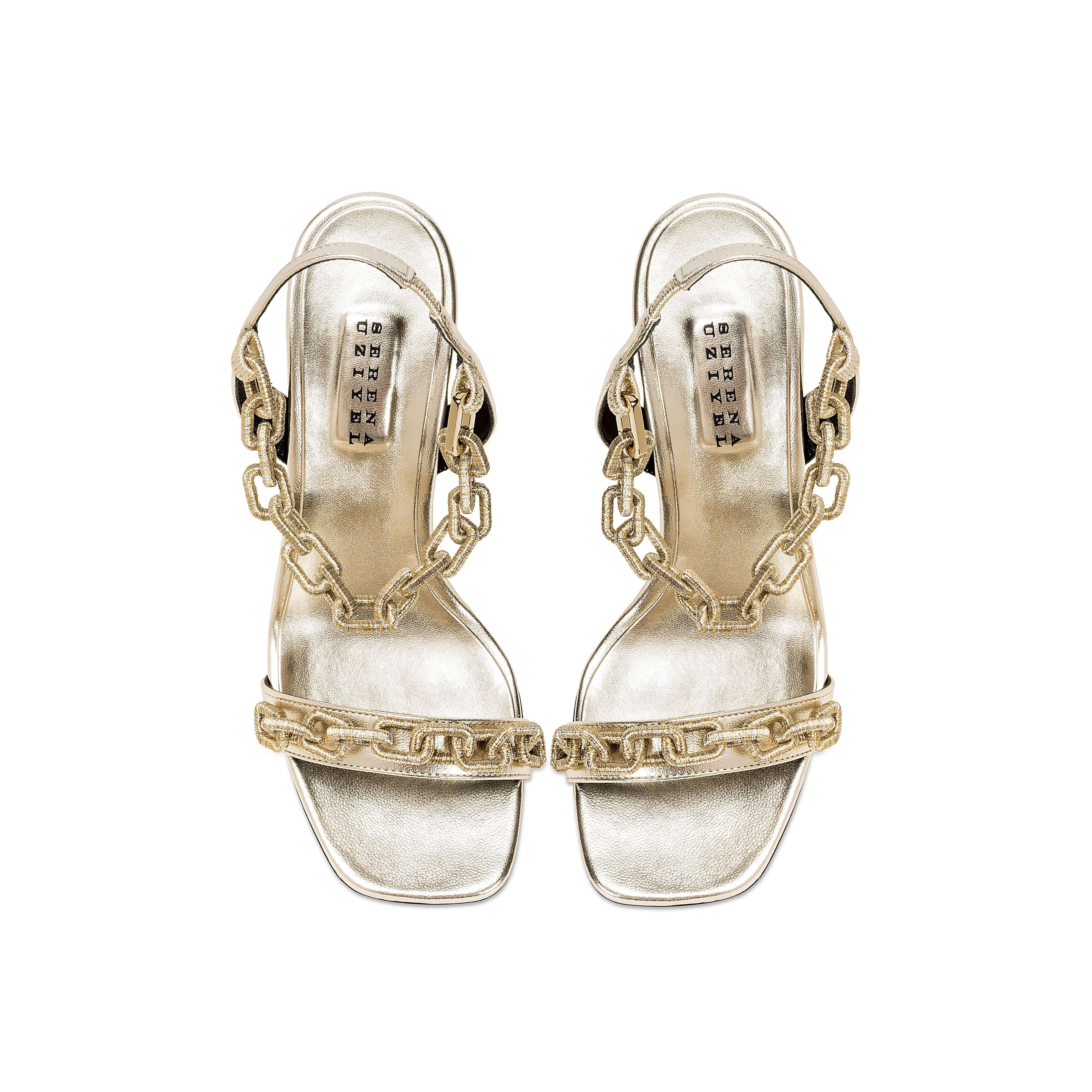 Catena Notte Sahara high-heel sandals with handwoven ankle strap and gleaming glacé finish, 90mm heel height.