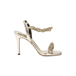 Catena Notte Sahara high-heel sandal featuring a gleaming glacé finish and handwoven ankle strap for style and support.