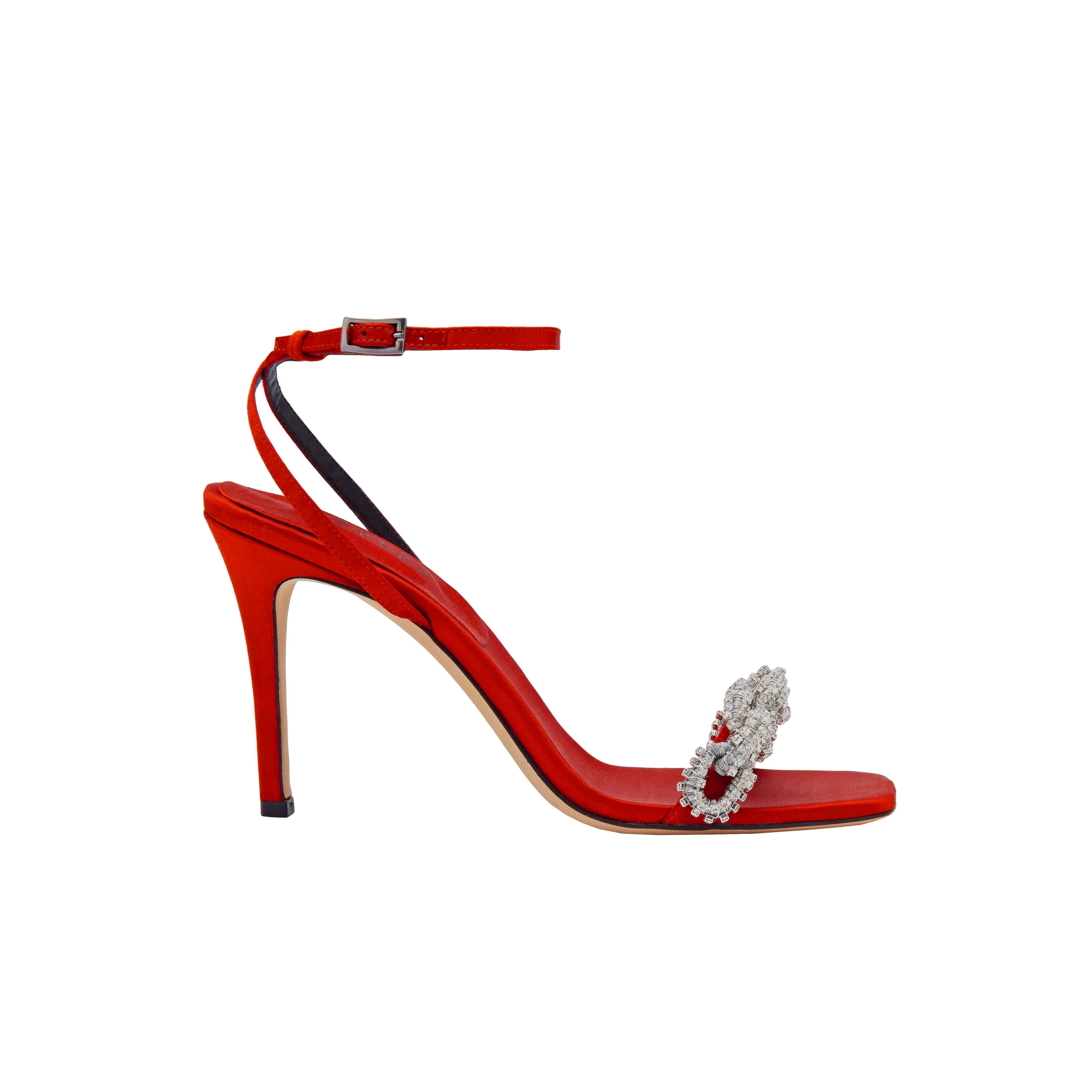 Catena Notte Scarlet high-heel ankle cross sandal with jeweled embellishment on the toe strap.