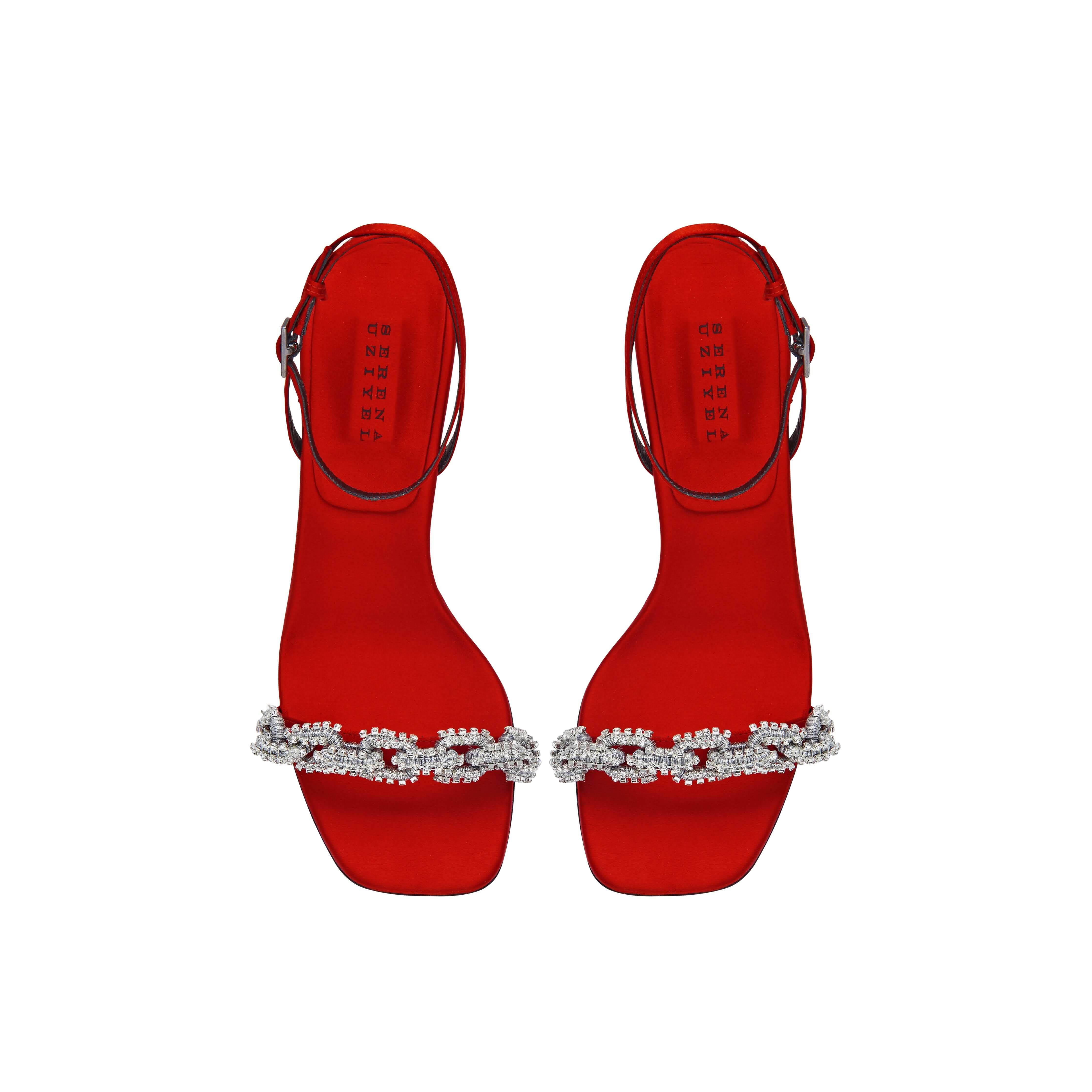 Catena Notte Scarlet high-heel ankle cross sandals with jewel-like chain link embroidery.