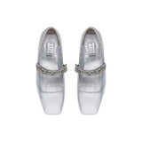 Silver Catena Notte Glam Ballerinas with crystal-embellished strap and squared toe, handcrafted in Italy.
