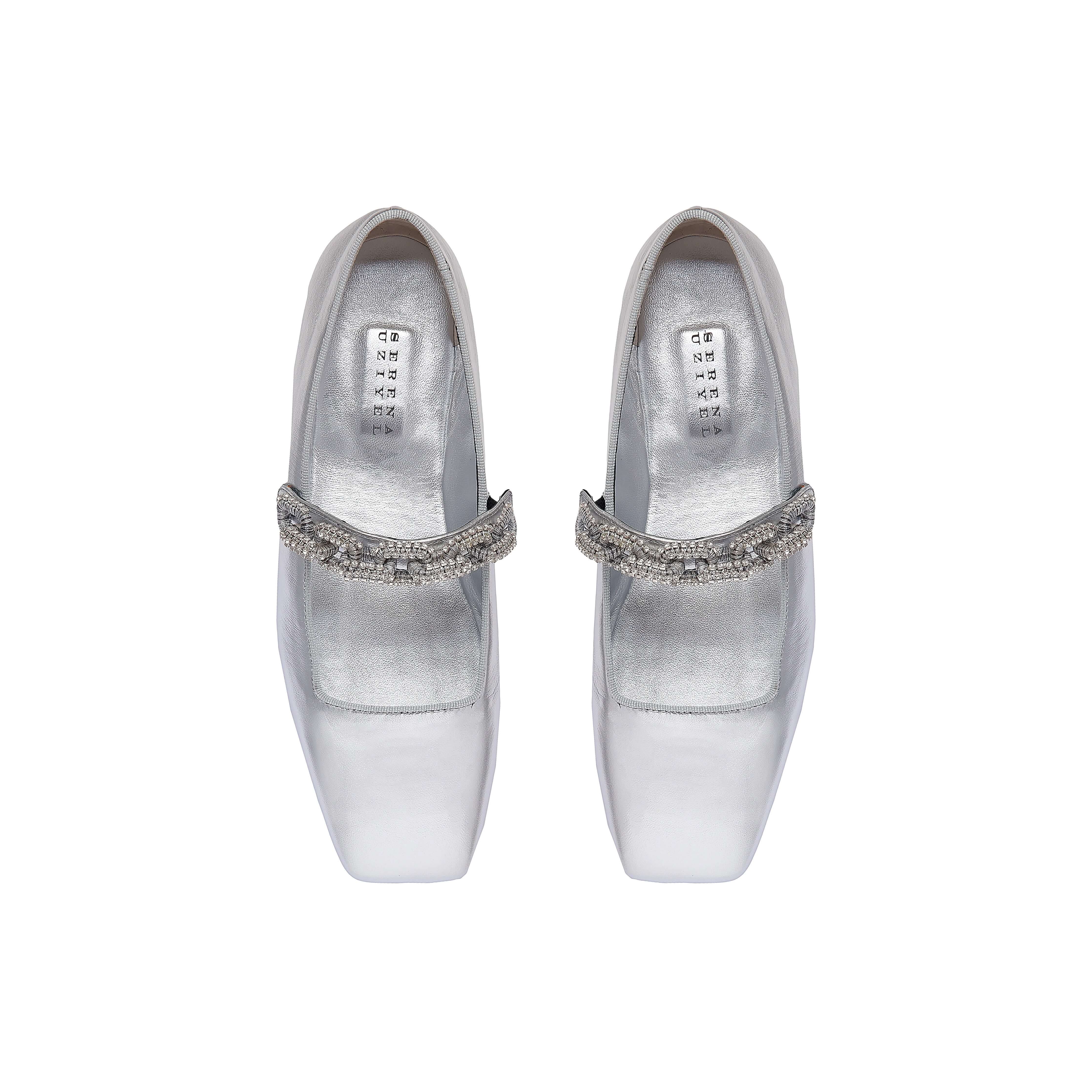 Silver Catena Notte Glam Ballerinas with crystal-embellished strap and squared toe, handcrafted in Italy.
