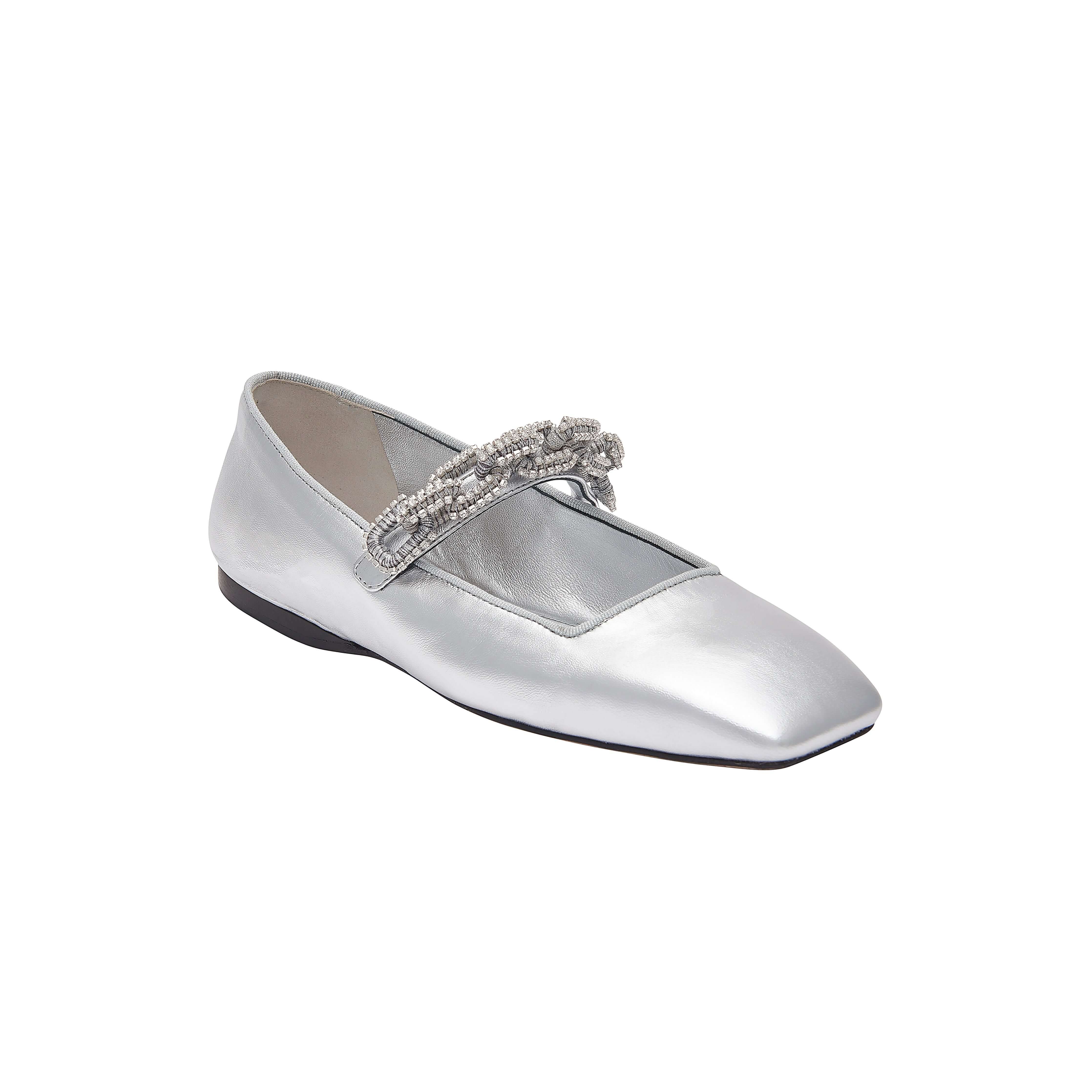 Catena Notte Silver Glam Ballerina flats with a squared toe and metallic strap, handcrafted in Italy.