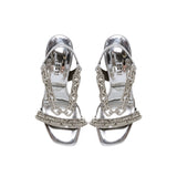 Catena Notte silver high-heel sandals featuring chain embroidery, crafted in Italy with a cushioned insole for comfort.