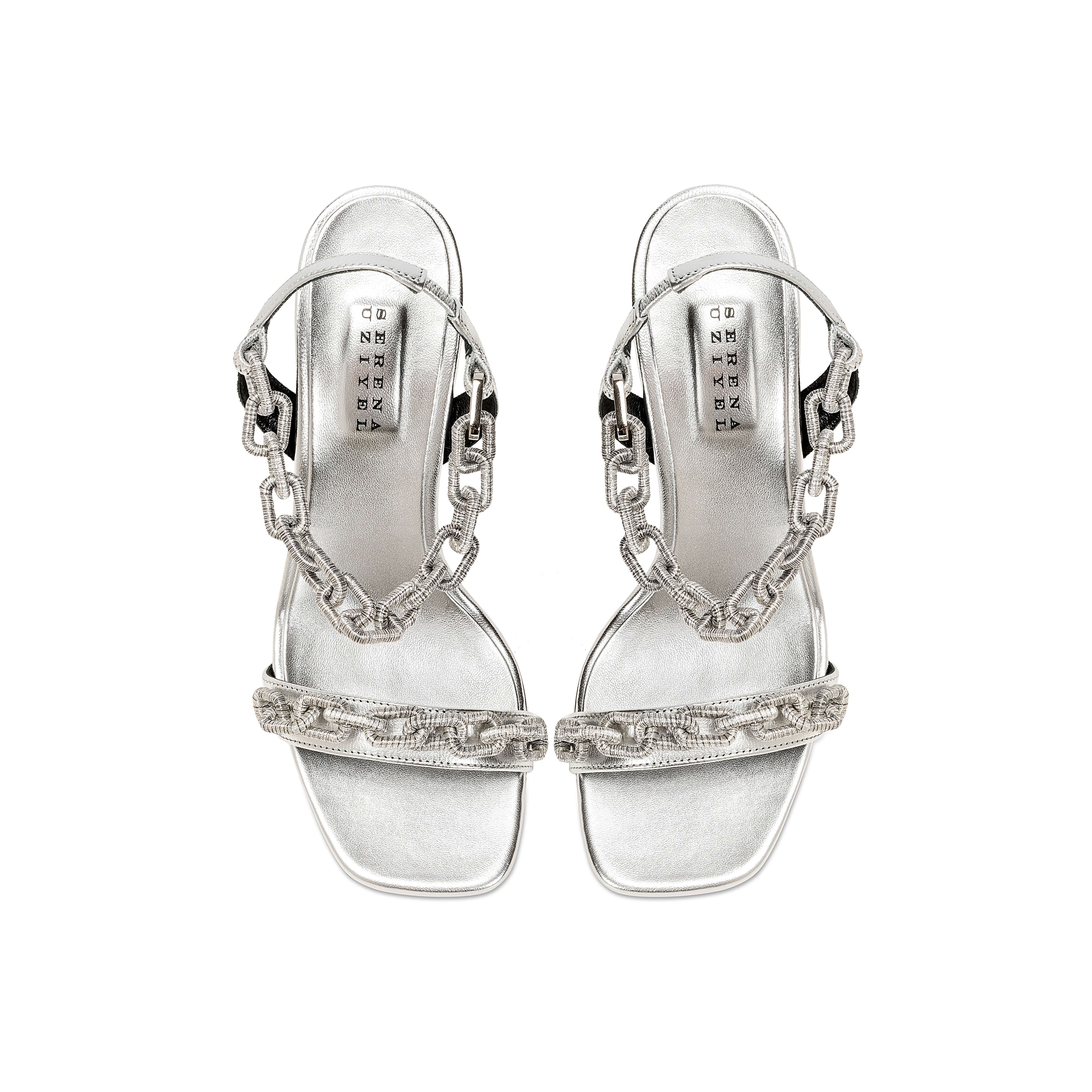 Stylish Catena Notte silver high-heel sandals with handwoven ankle strap and 90mm heel for elegant occasions.