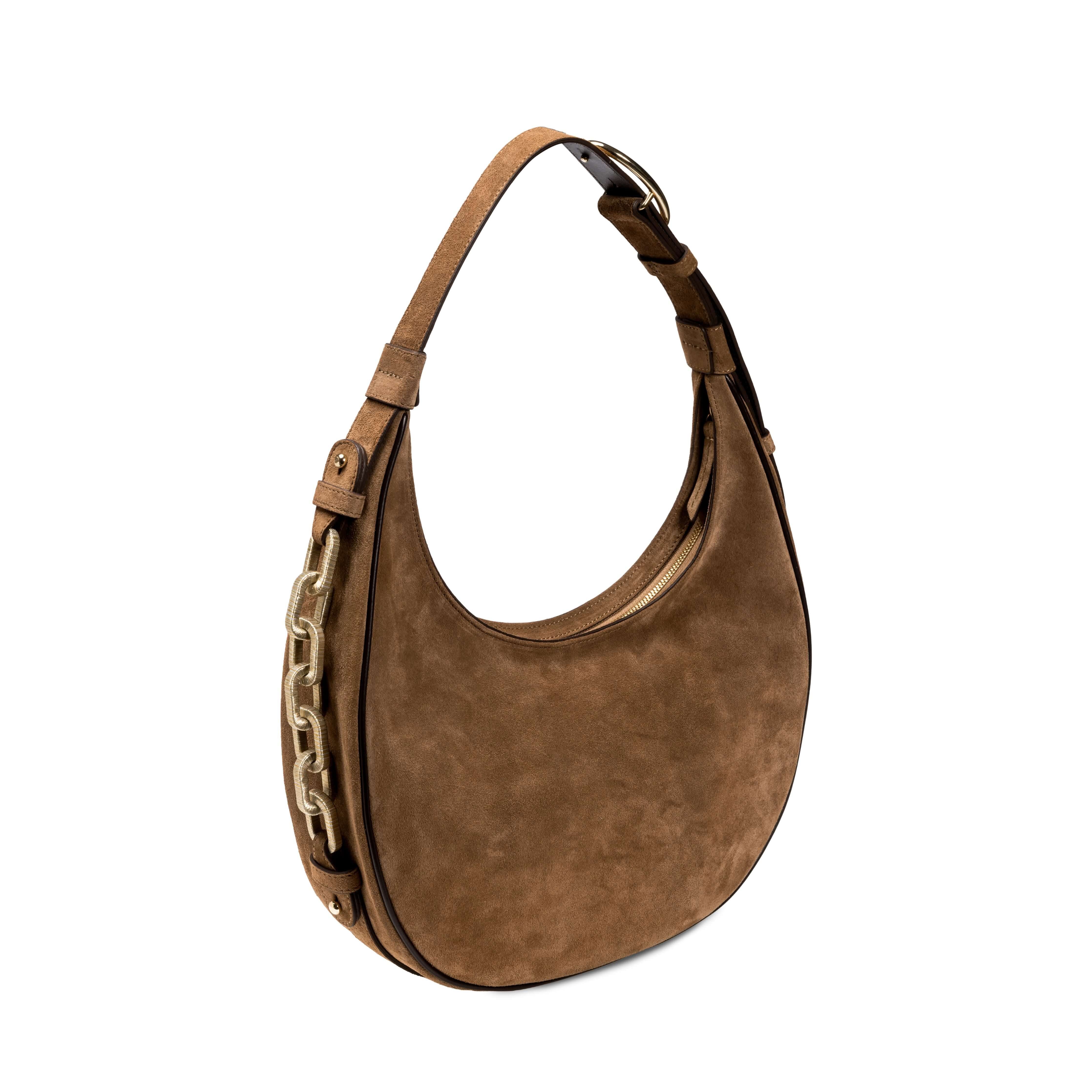 Medium sand hobo bag in soft suede with adjustable strap and Catena chain link detail.