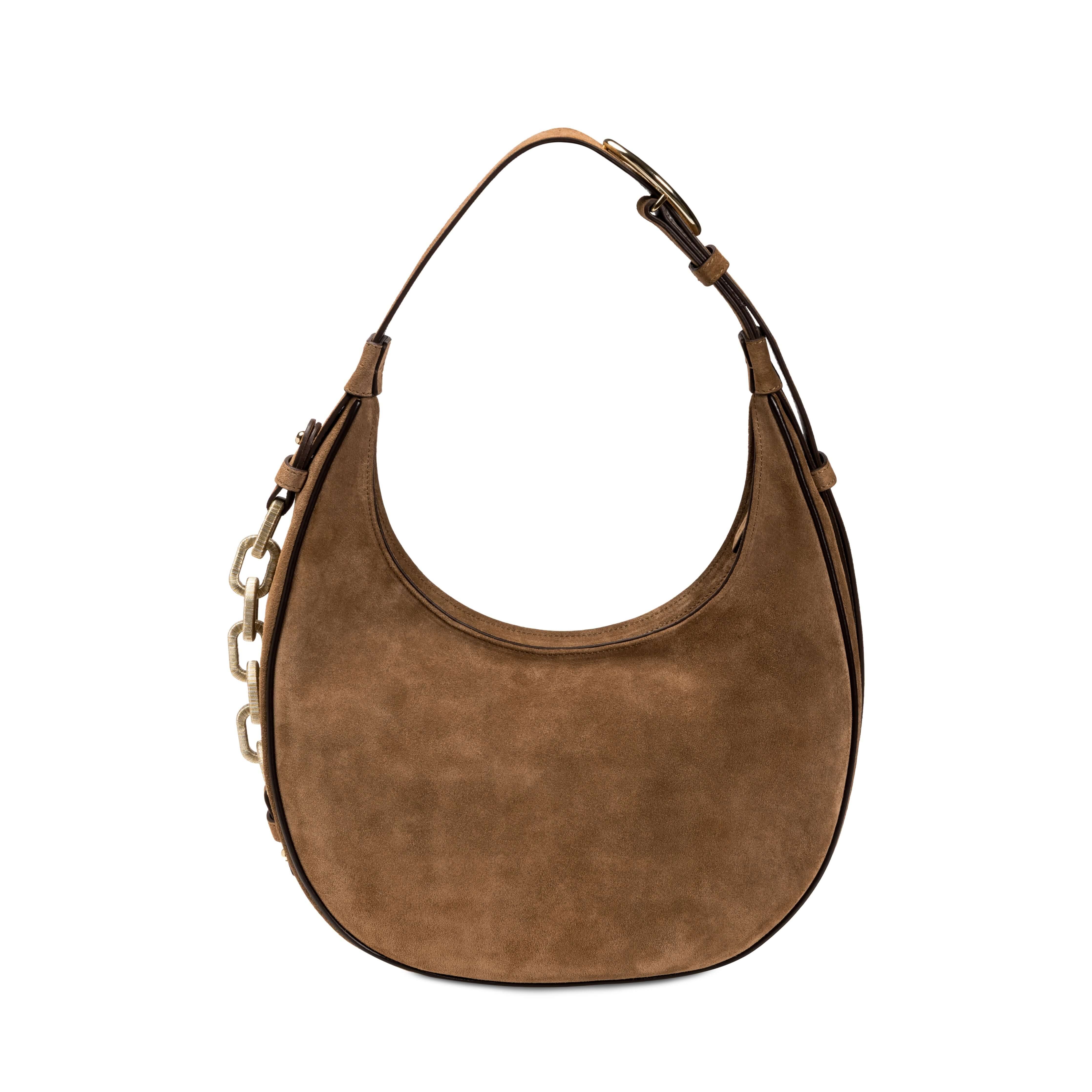 Catena Sand Hobo Bag crafted in soft suede, featuring a slouchy silhouette and signature chain link detail.