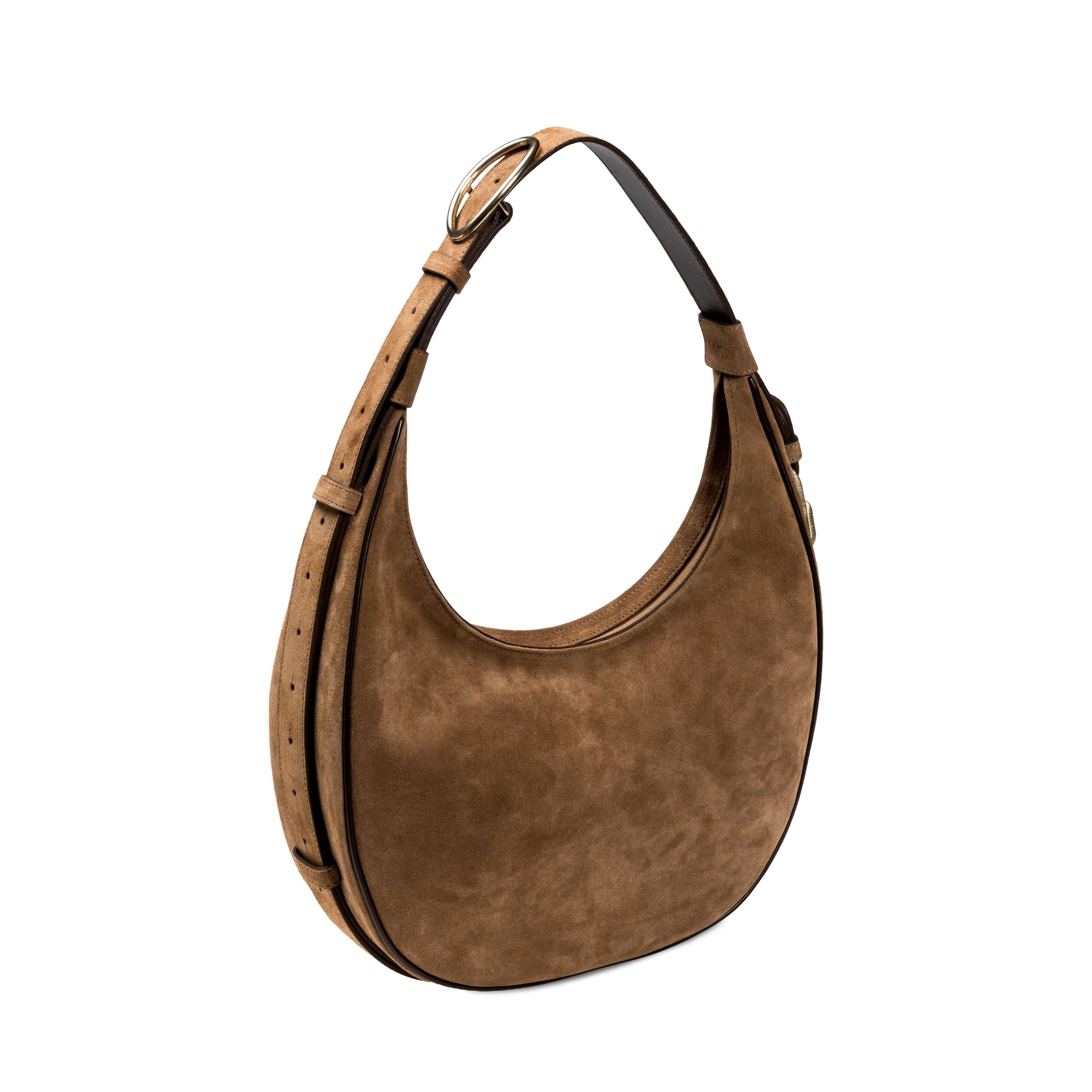 Catena Sand Hobo Bag in soft suede, featuring a wide adjustable strap and signature chain detail.