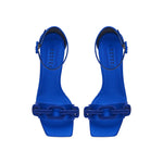 Top view of Catena Sapphire High-Heel Ankle Sandal in lustrous blue satin with sculptural chain link embellishments.