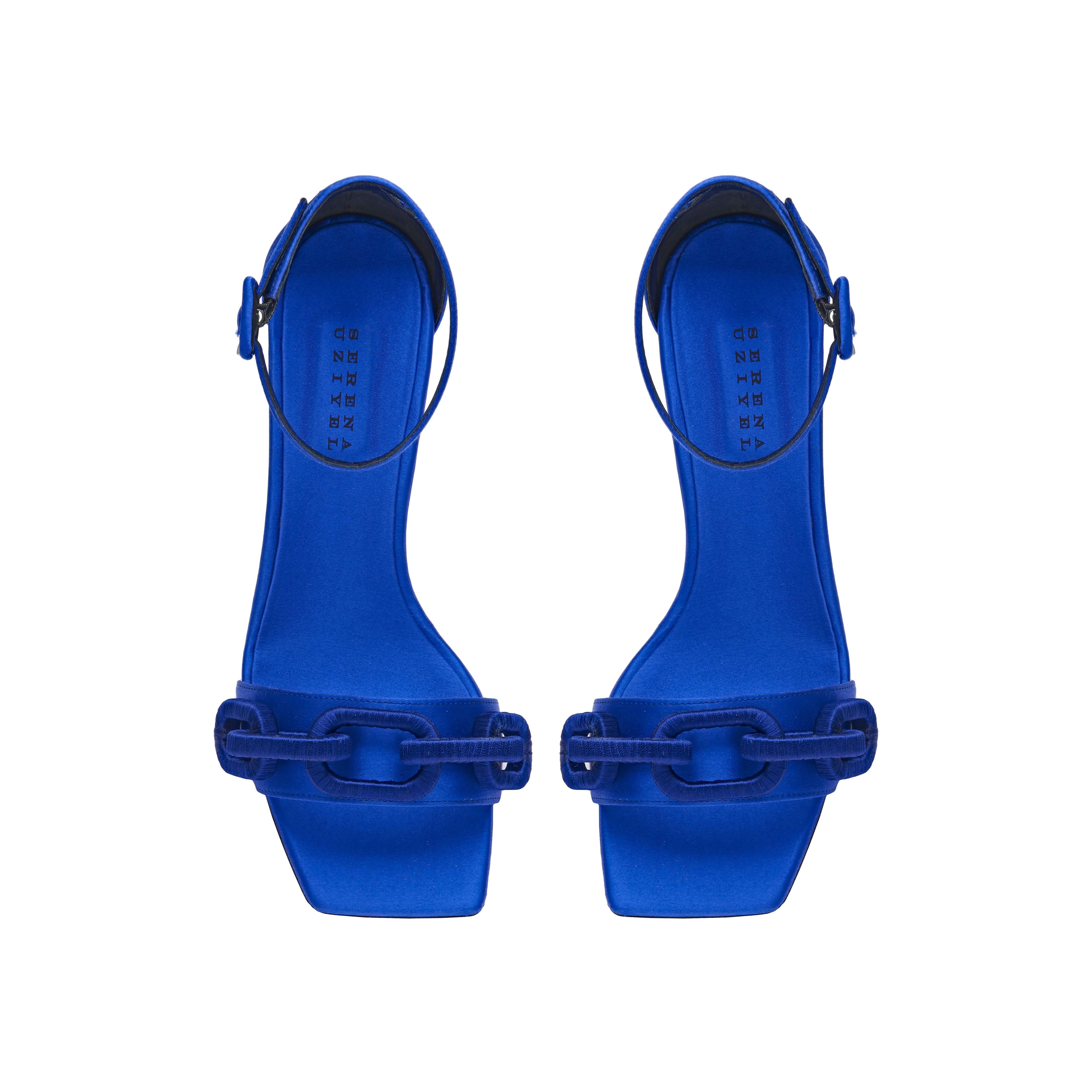 Top view of Catena Sapphire High-Heel Ankle Sandal in lustrous blue satin with sculptural chain link embellishments.