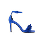 Elegant blue satin high-heel ankle sandal with catena chain link details, perfect for glam occasions.