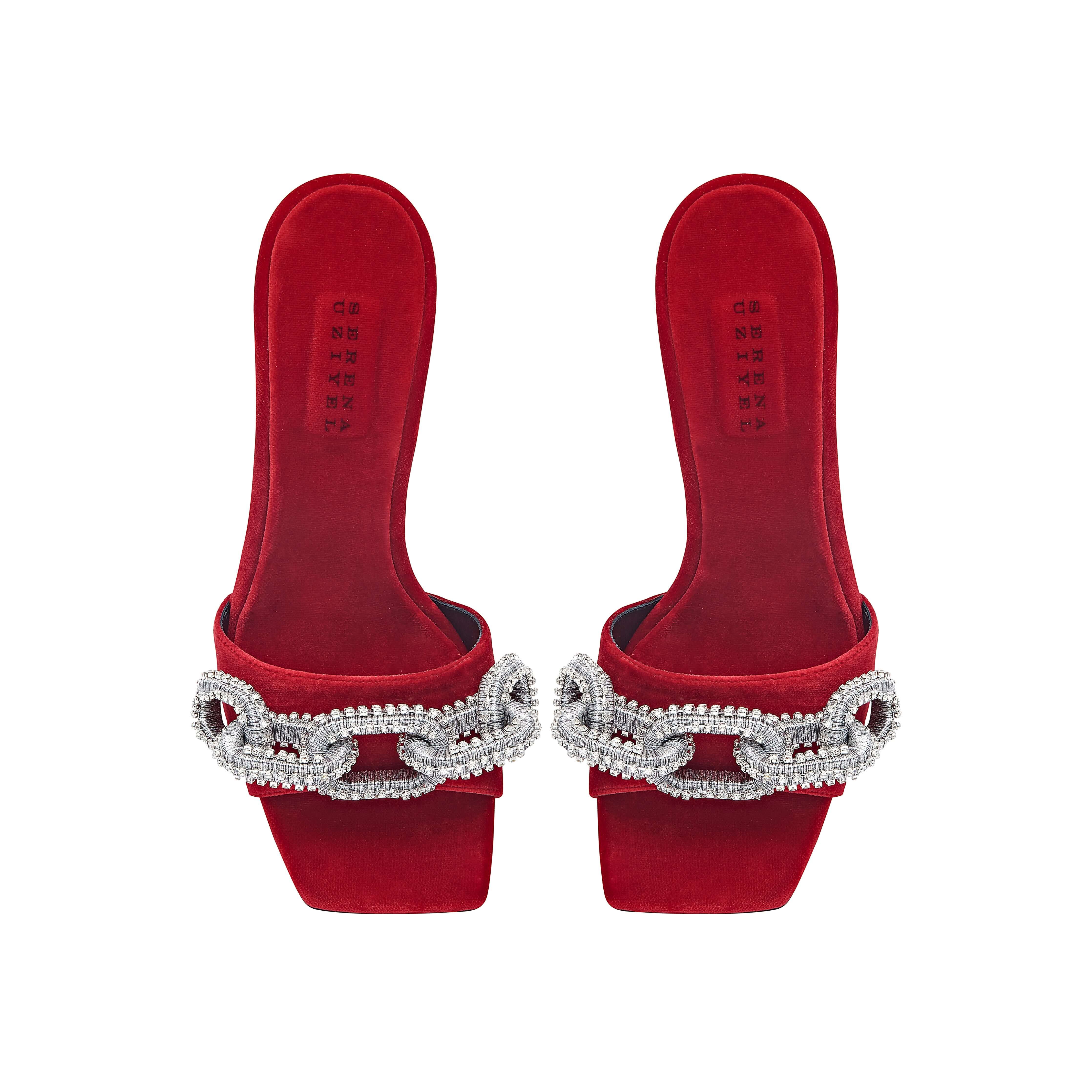 Catena Scarlet & Glam High-Heel Sandals in luxurious scarlet velvet with sparkling crystal strap, featuring elegant 90mm stiletto heels.