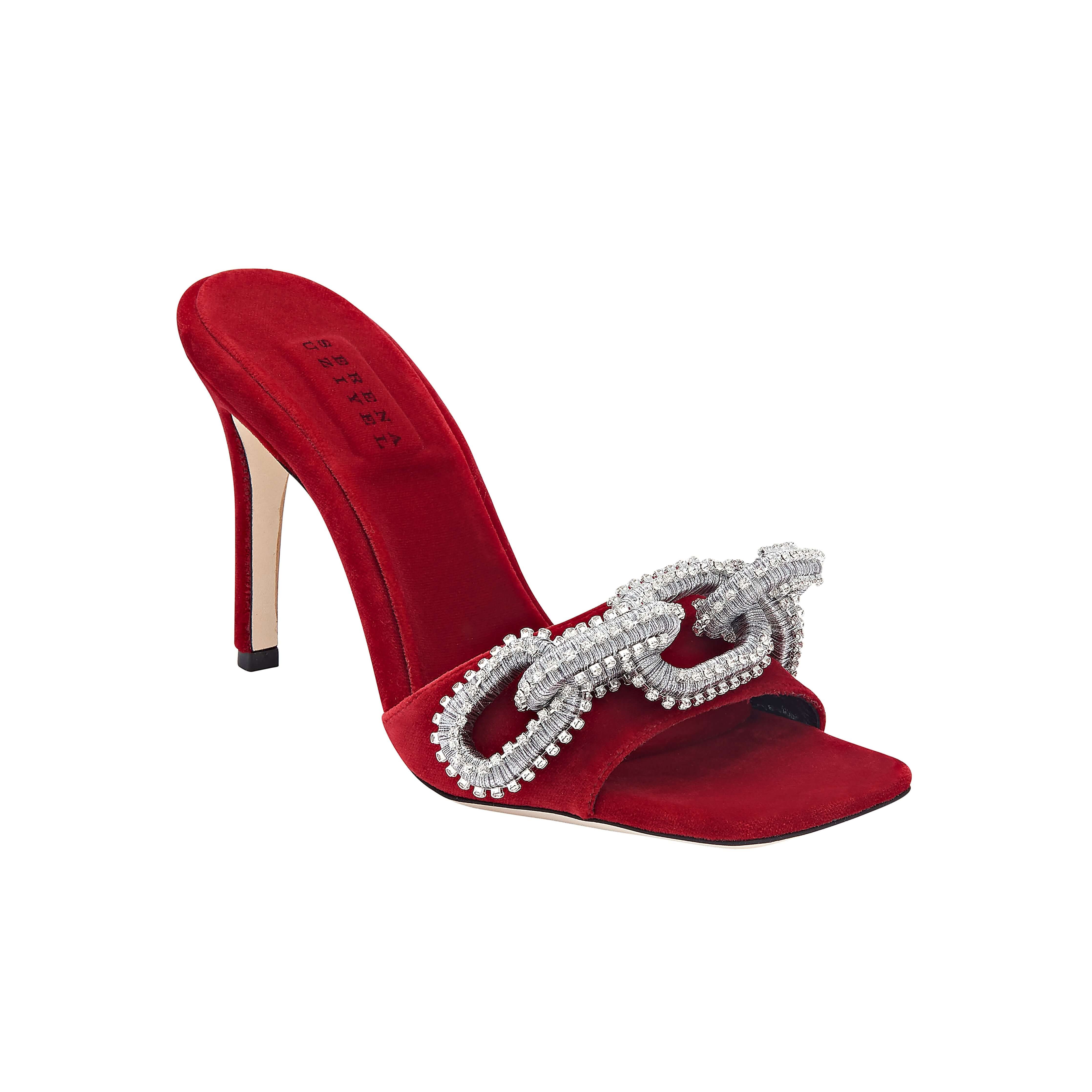 Catena Scarlet & Glam High-Heel Sandal featuring exquisite crystals on scarlet velvet, 90mm stiletto heels.