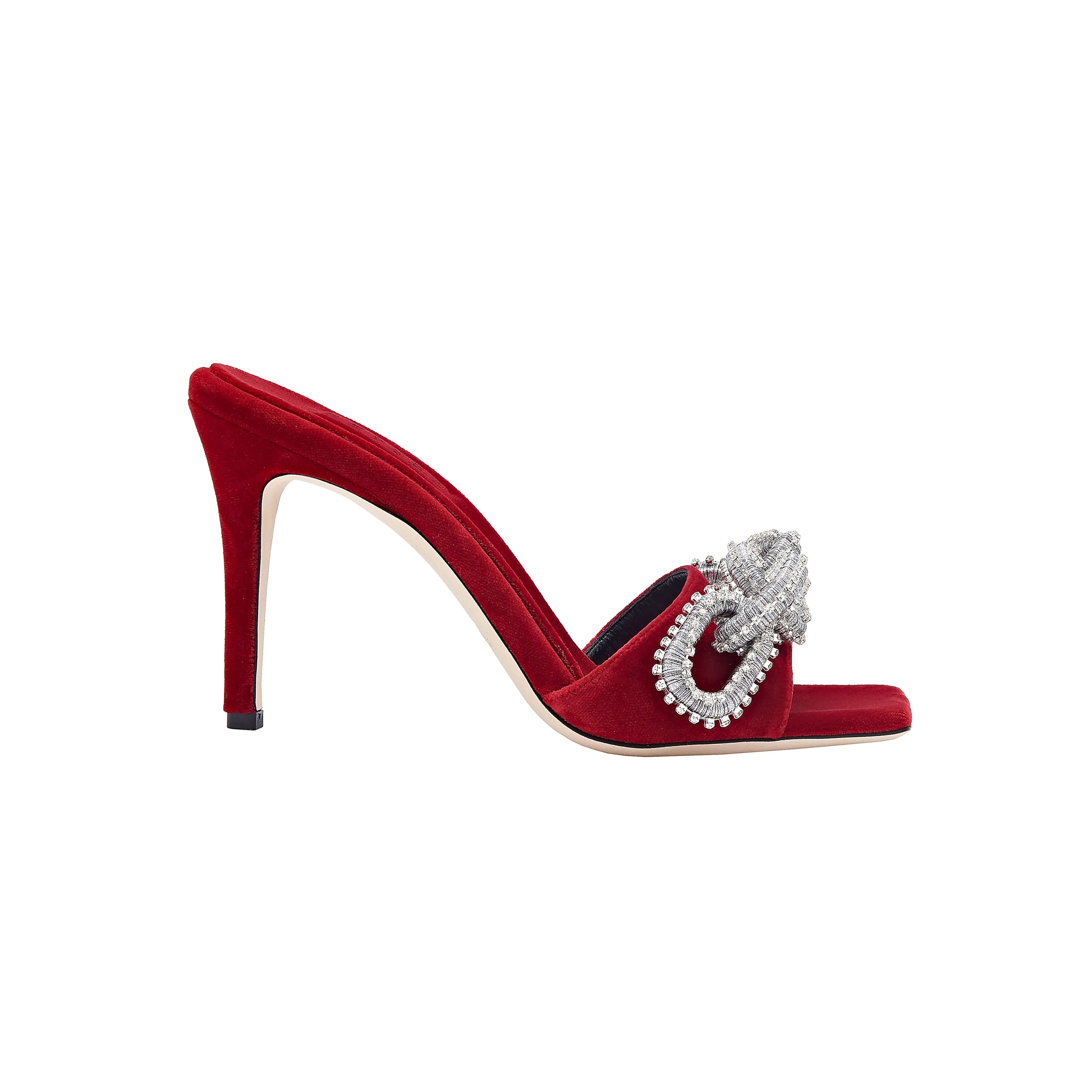 Catena Scarlet Glam High-Heel Sandal, red velvet, 90mm stiletto heel, adorned with crystals, elegant and stylish mules.