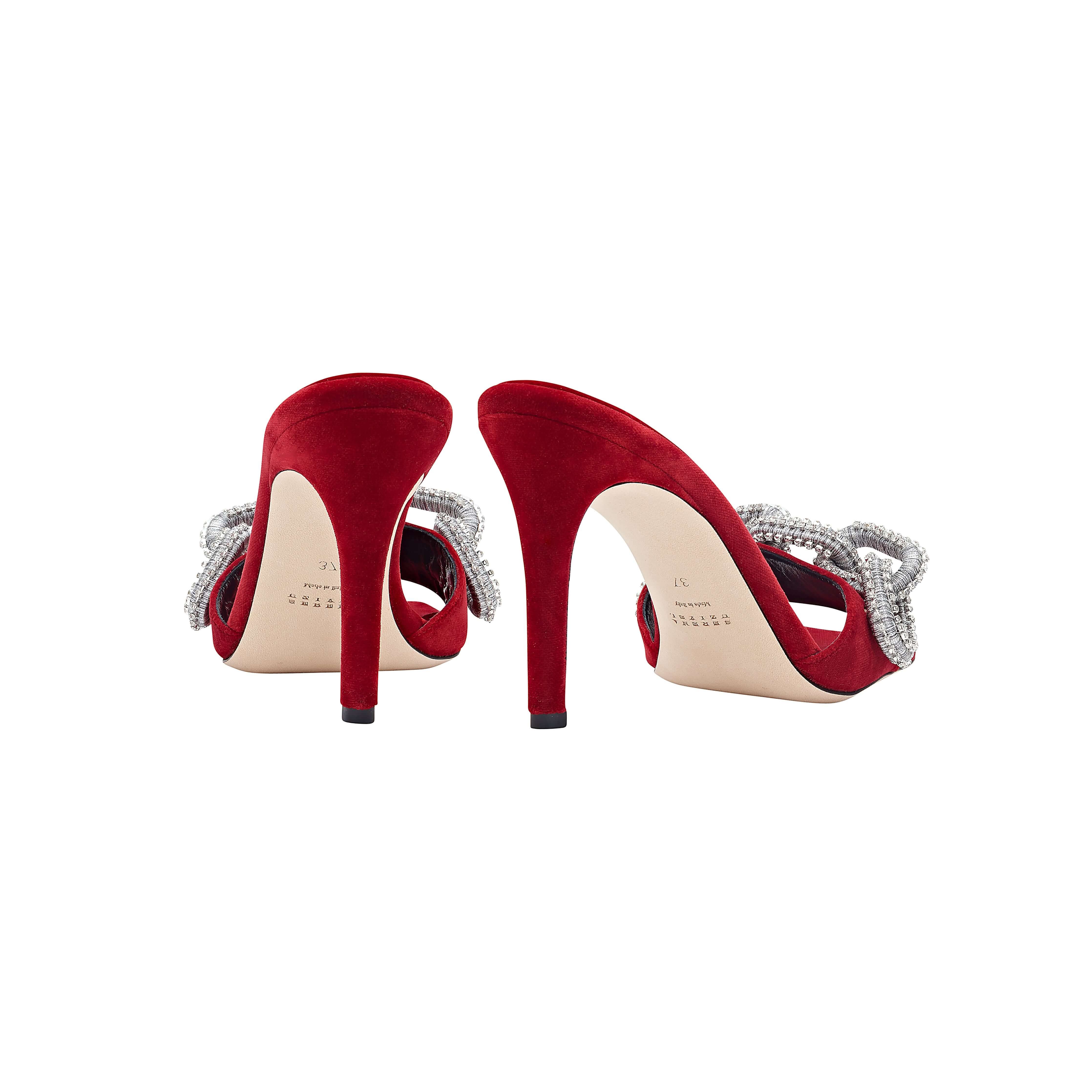 Catena Scarlet high-heel sandals with crystal accents and stiletto heels, showcasing a luxurious scarlet velvet design.