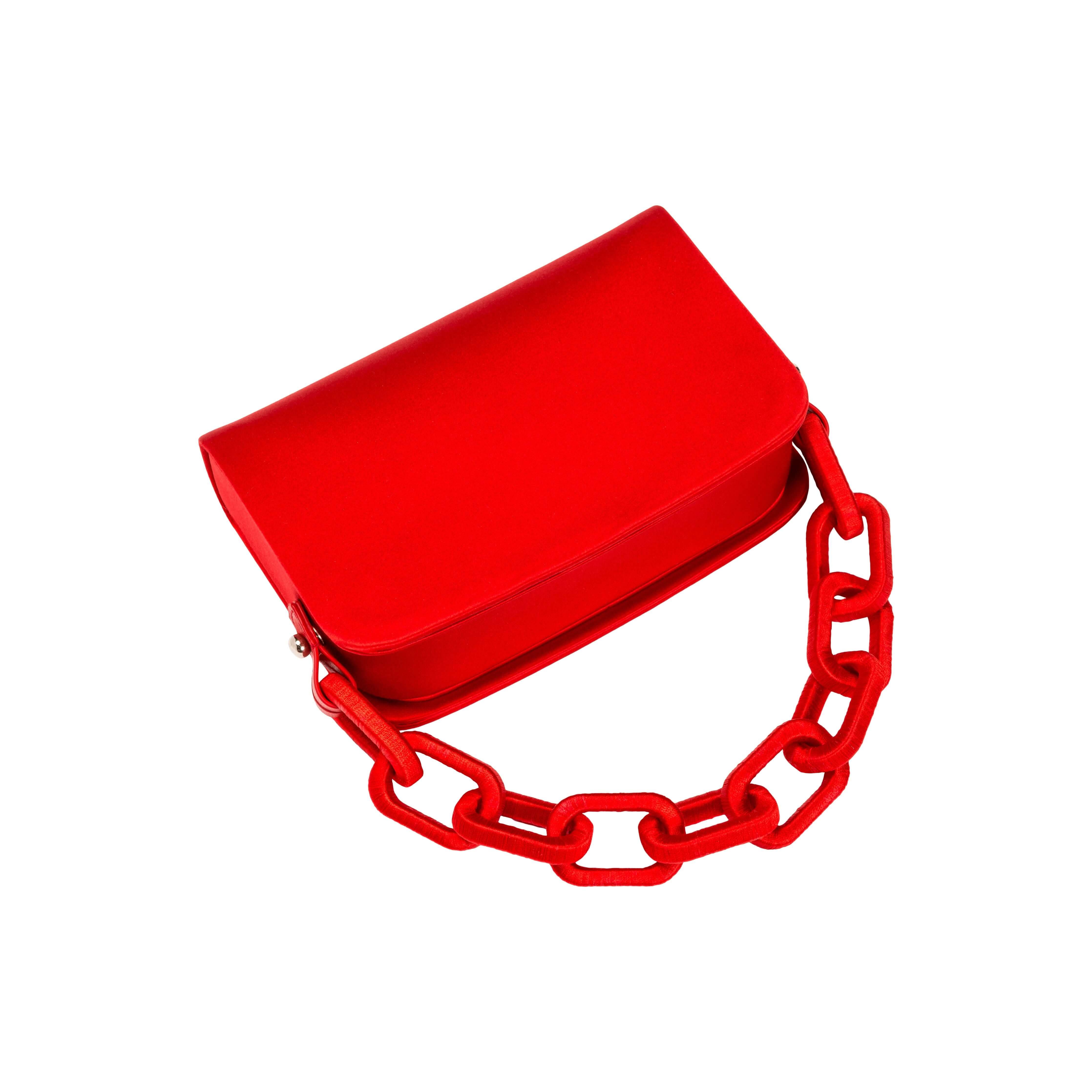 Catena Scarlet Two-Sided Bag in luxurious satin with embroidered chain-link handle, featuring unique dual compartments.