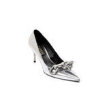 Catena Silver High-Heel Pump, handcrafted Italian footwear with a pointed toe and suede-wrapped chain detail.