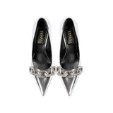 Catena Silver High-Heel Pumps featuring sleek pointed toe and Catena chain link detail, handcrafted in Italy.