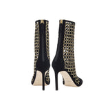 Elora Black High-Heel Ankle Boot with metallic-accented suede caging, showcasing stylish back zip design and chic silhouette.