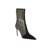Elora Black High-Heel Ankle Boot featuring chic metallic detailing and suede caging for a sophisticated look.