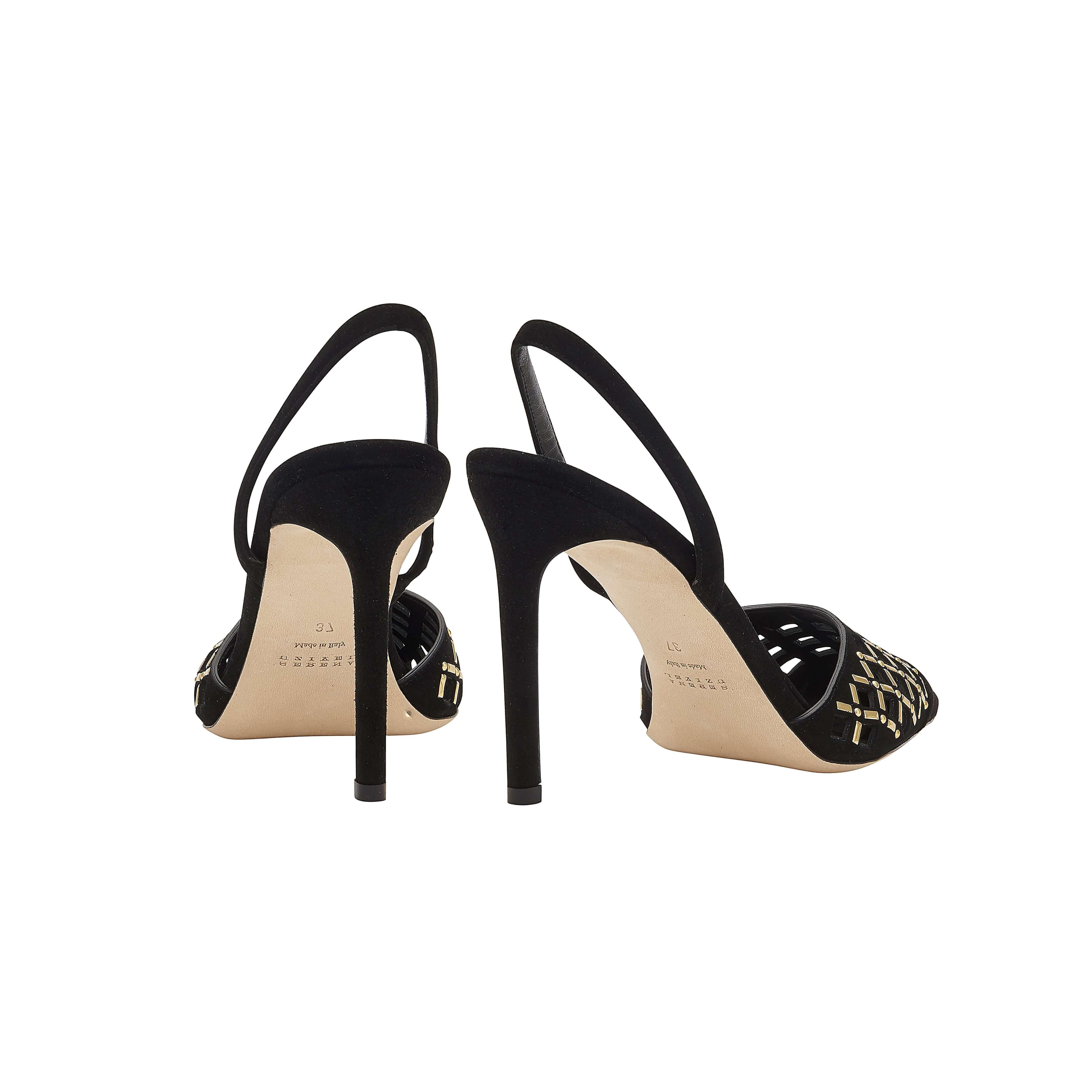 Elora Black High-Heel Slingback Pump with suede caging and metallic detailing, perfect for day or evening wear.