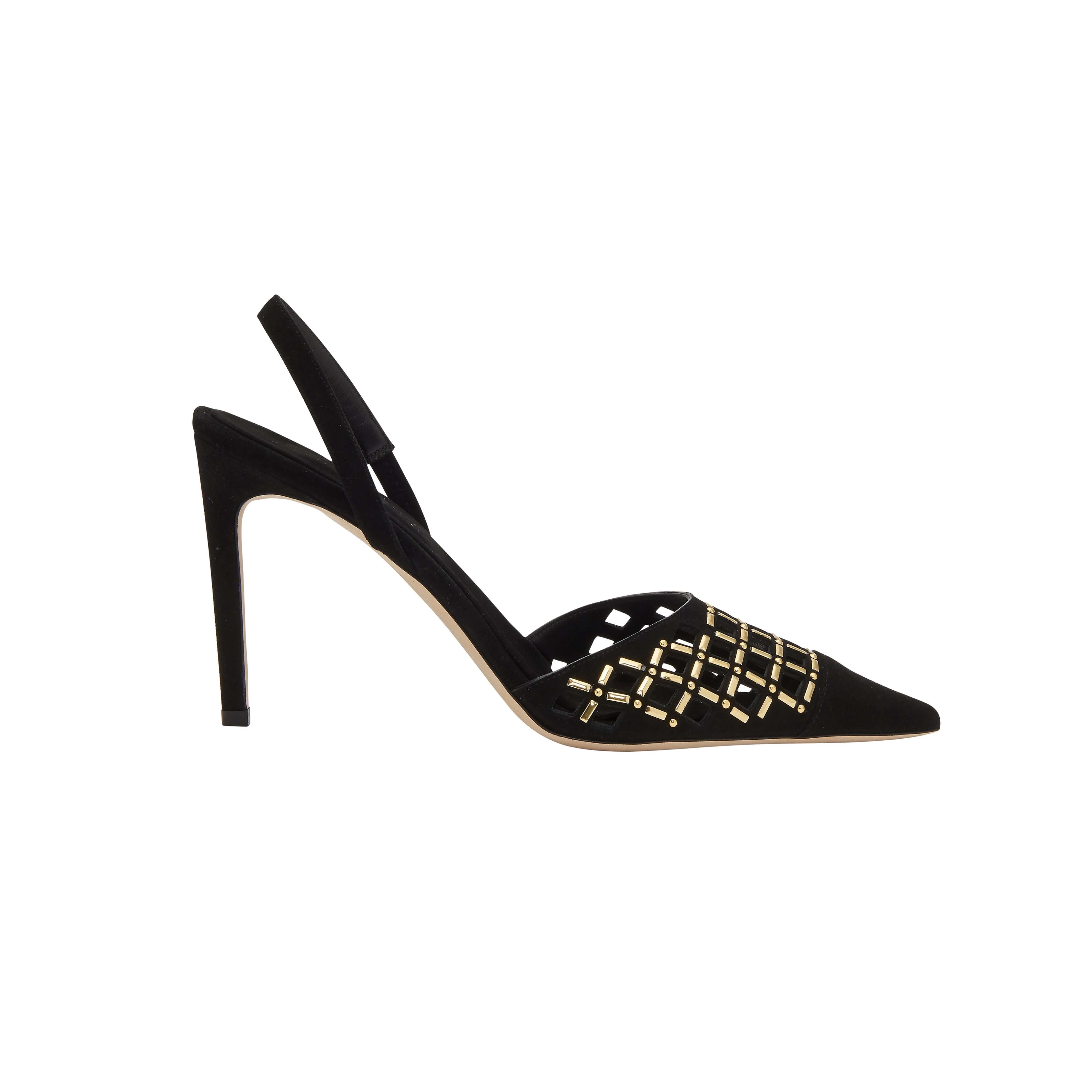 Elora Black High-Heel Slingback Pump featuring suede caging and subtle metallic detailing, ideal for day or evening wear.