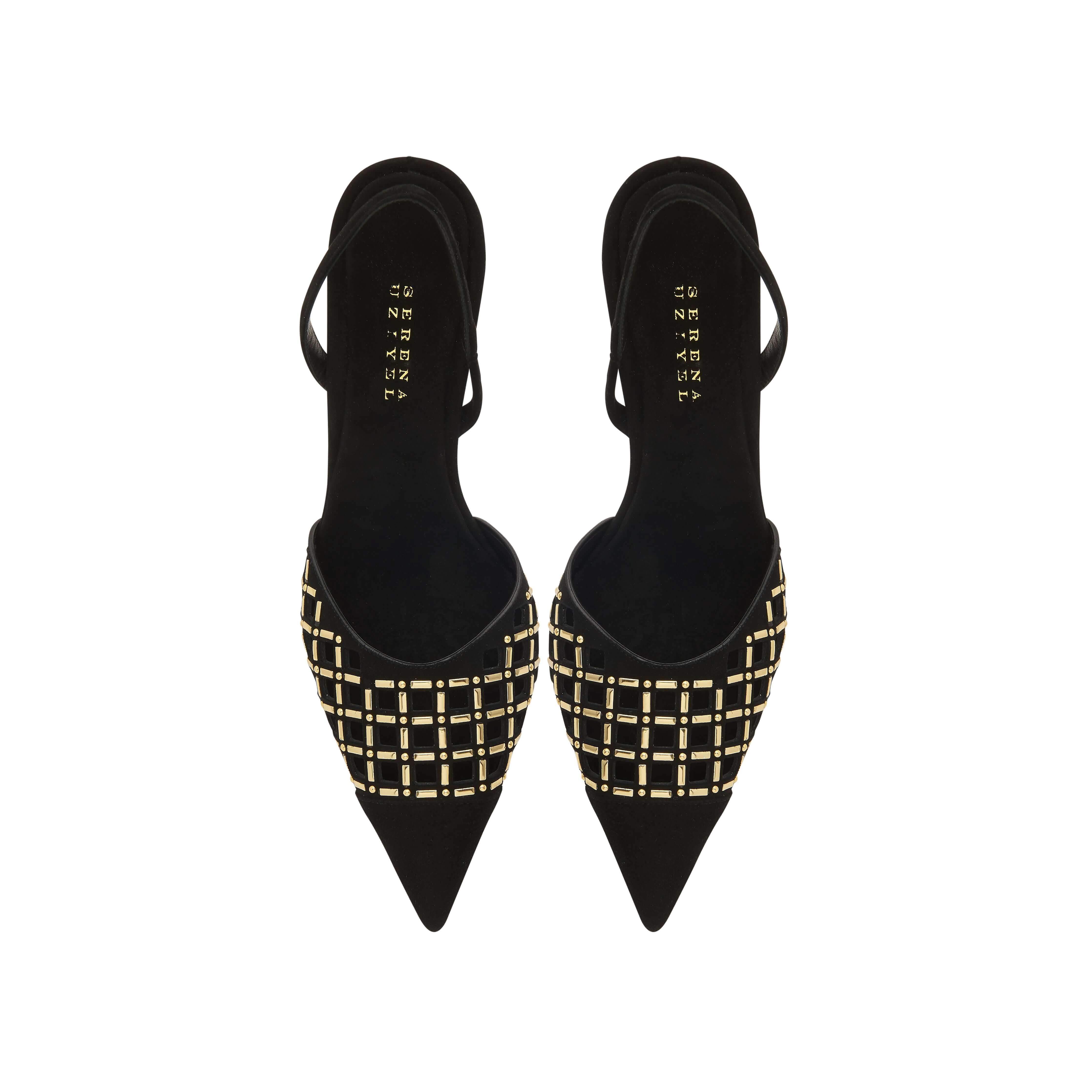 Elora Black High-Heel Slingback Pump featuring chic metallic detailing and a classic silhouette for day and evening wear.
