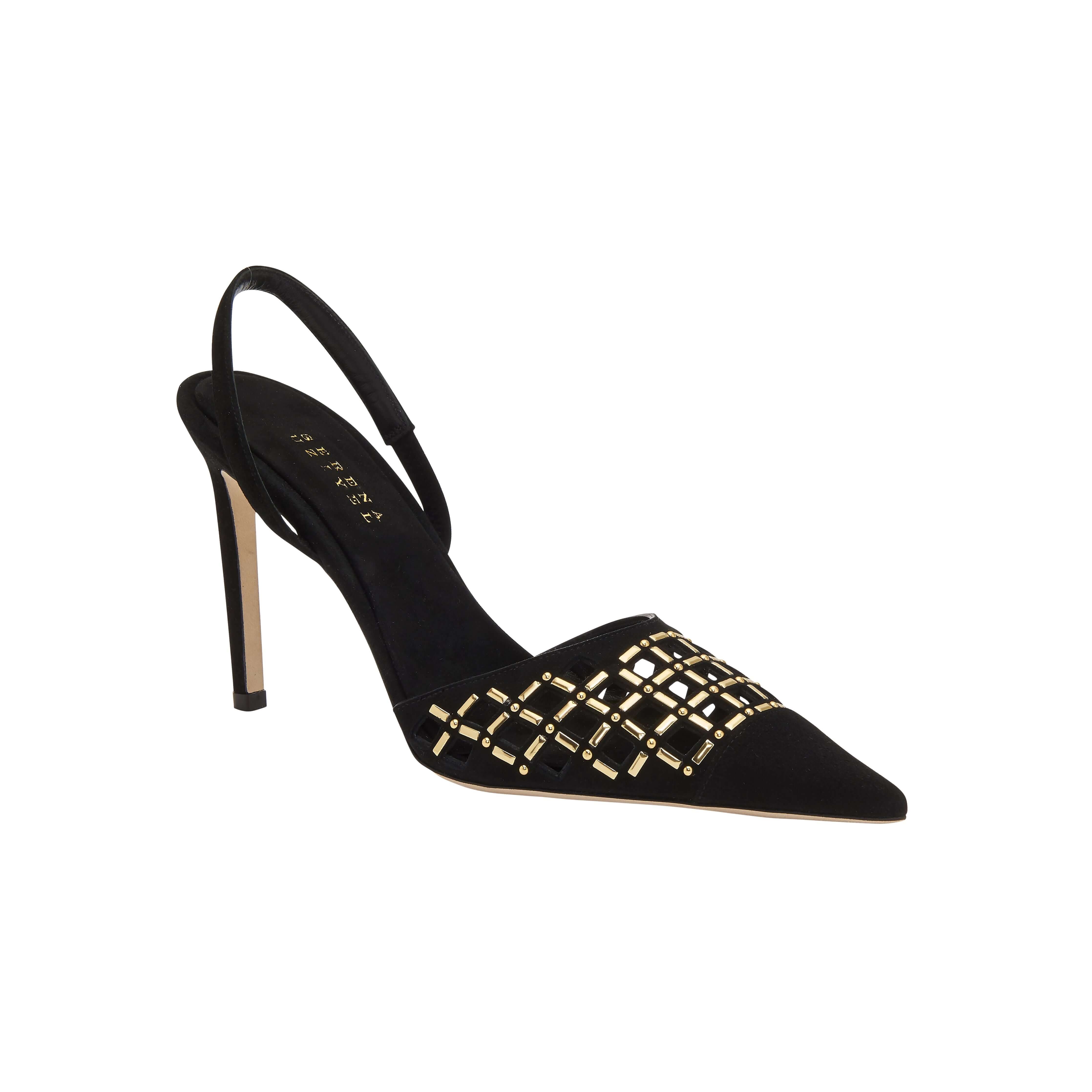 Elora Black High-Heel Slingback Pump featuring metallic detailing and suede caging, perfect for day or evening wear.