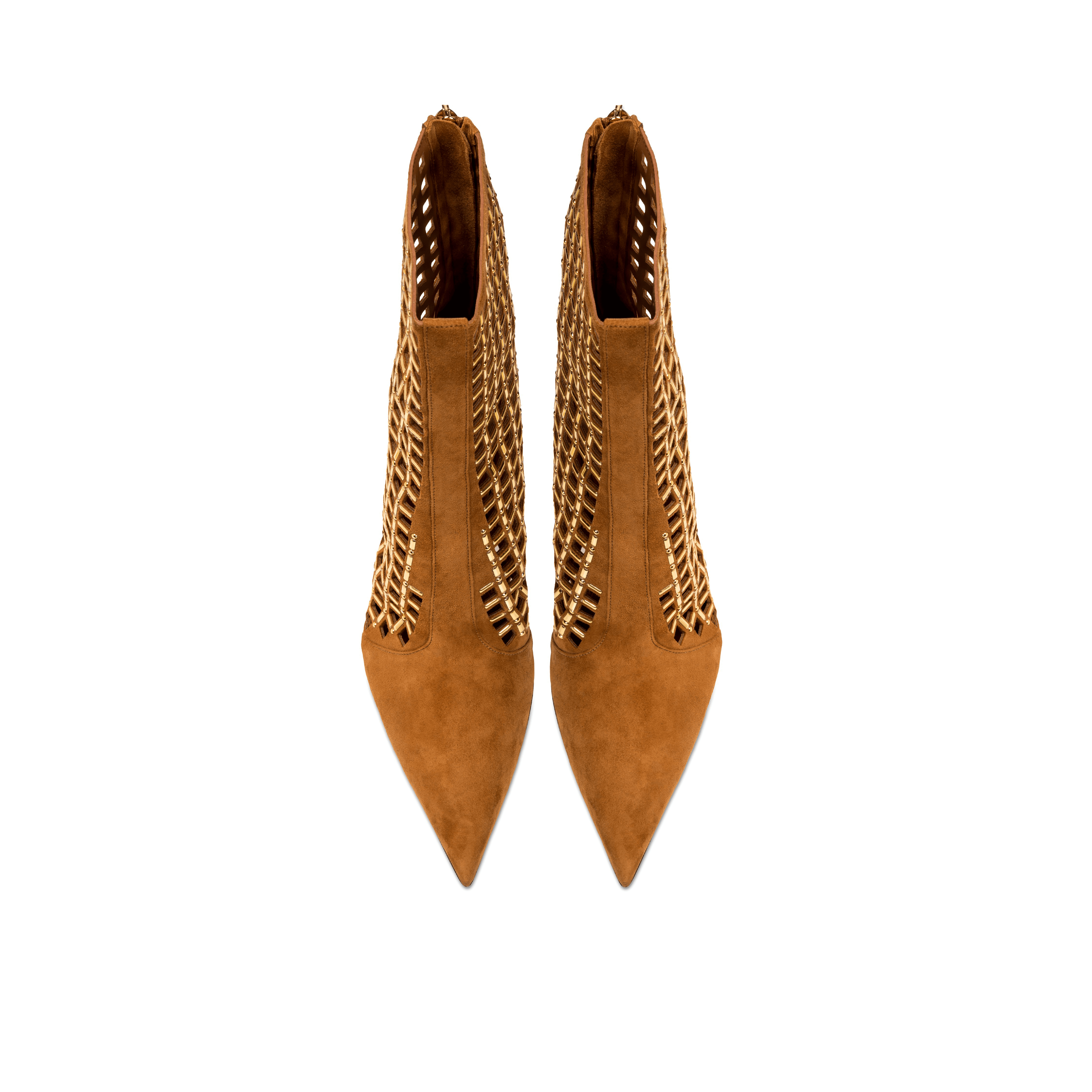Elora Camello High-Heel Ankle Boot featuring chic metallic detailing and stylish suede caging for ultimate comfort.