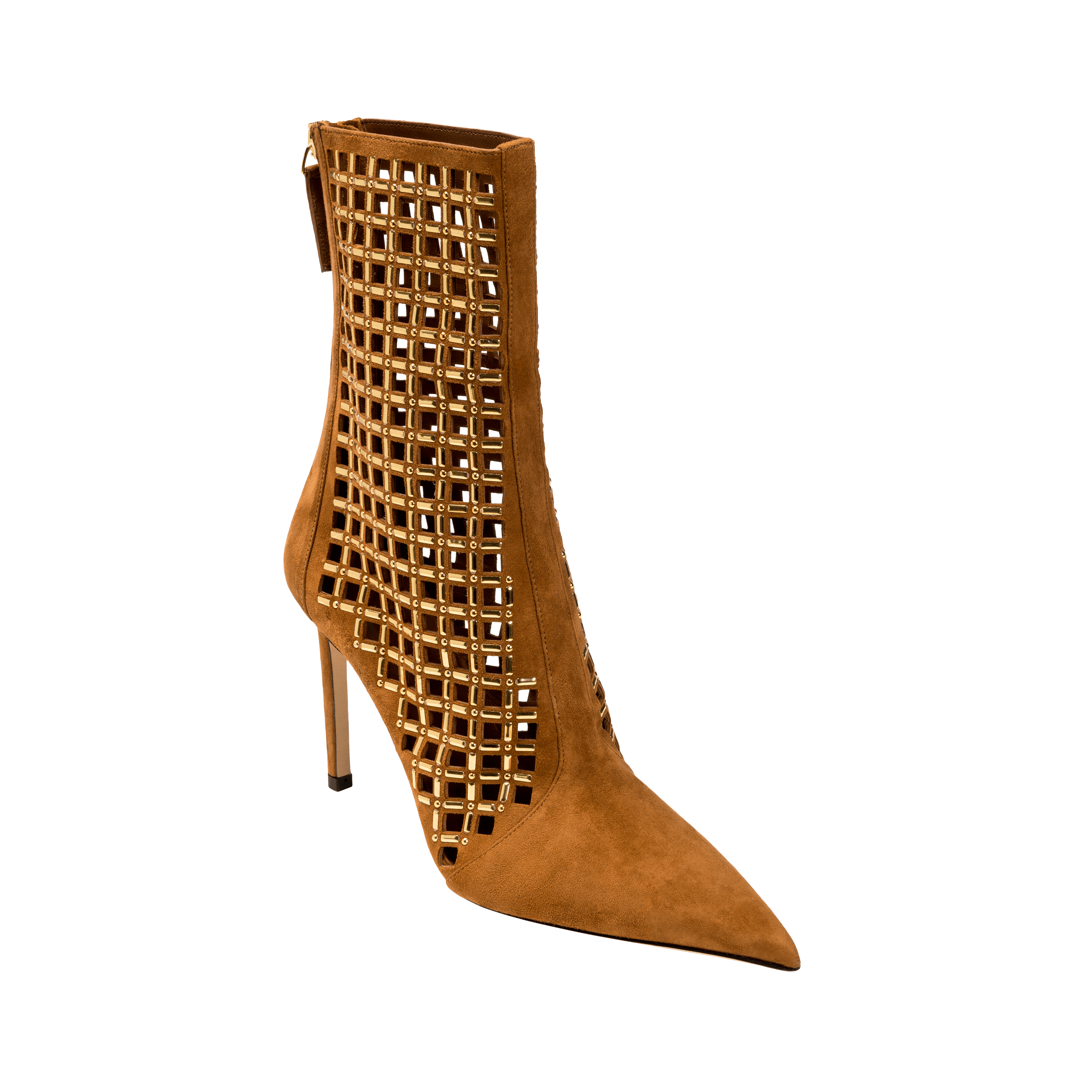 Elora Camello High-Heel Ankle Boot in suede with chic metallic detailing and stylish caging design.